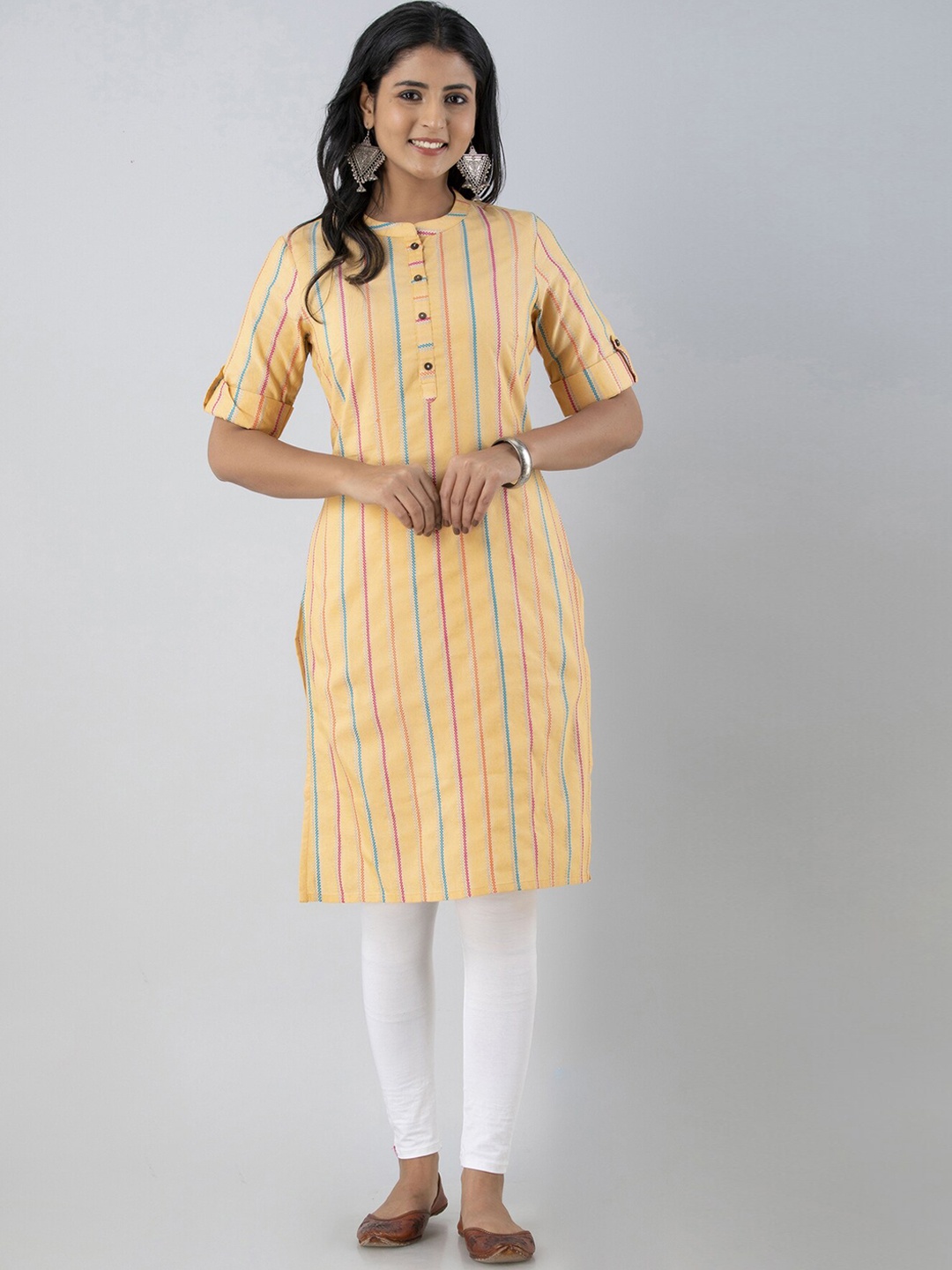 BAESD Striped Mandarin Collar Straight Kurta, Mustard