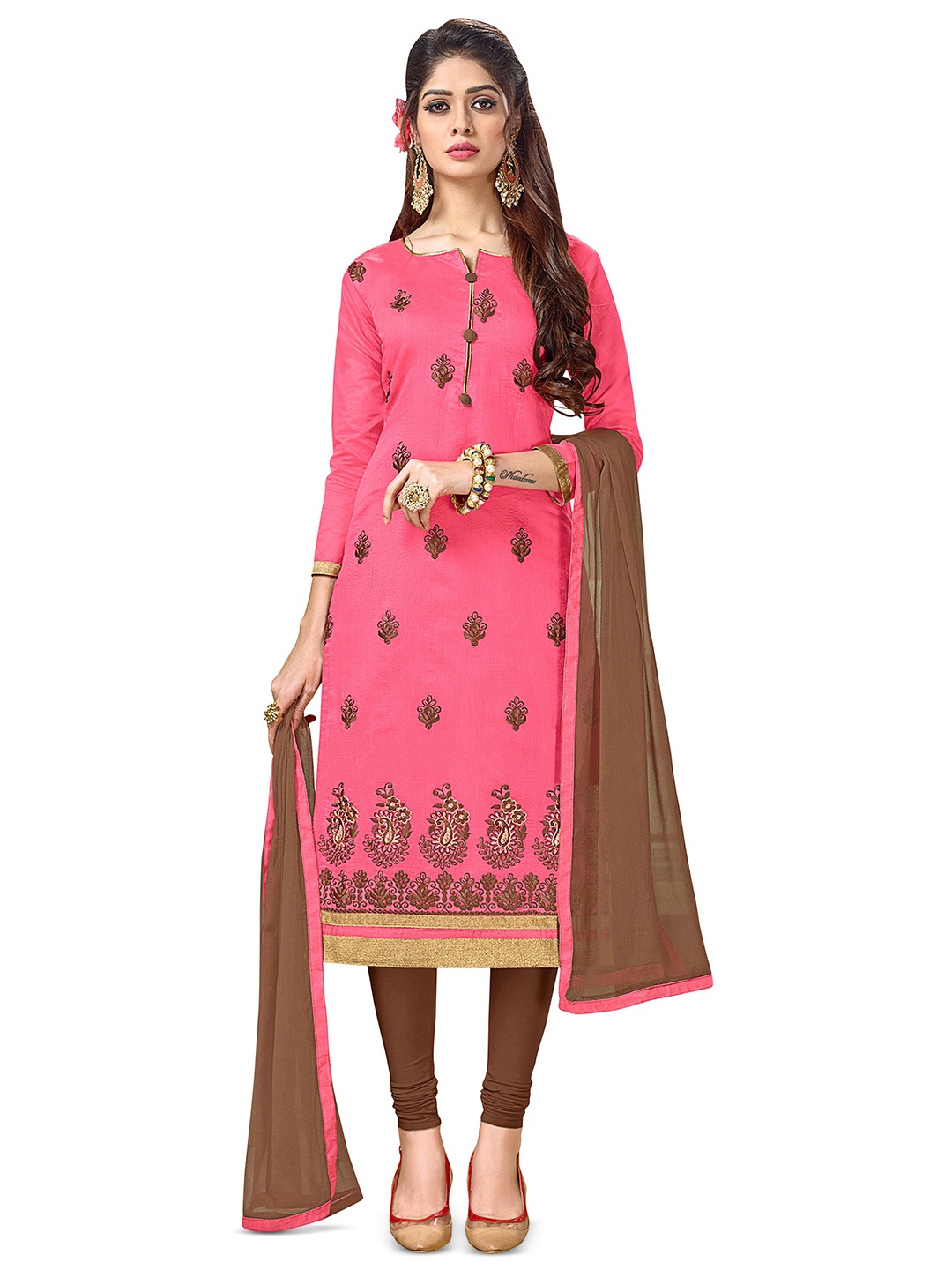MANVAA Ethnic Motifs Embroidered Unstitched Dress Material, Pink