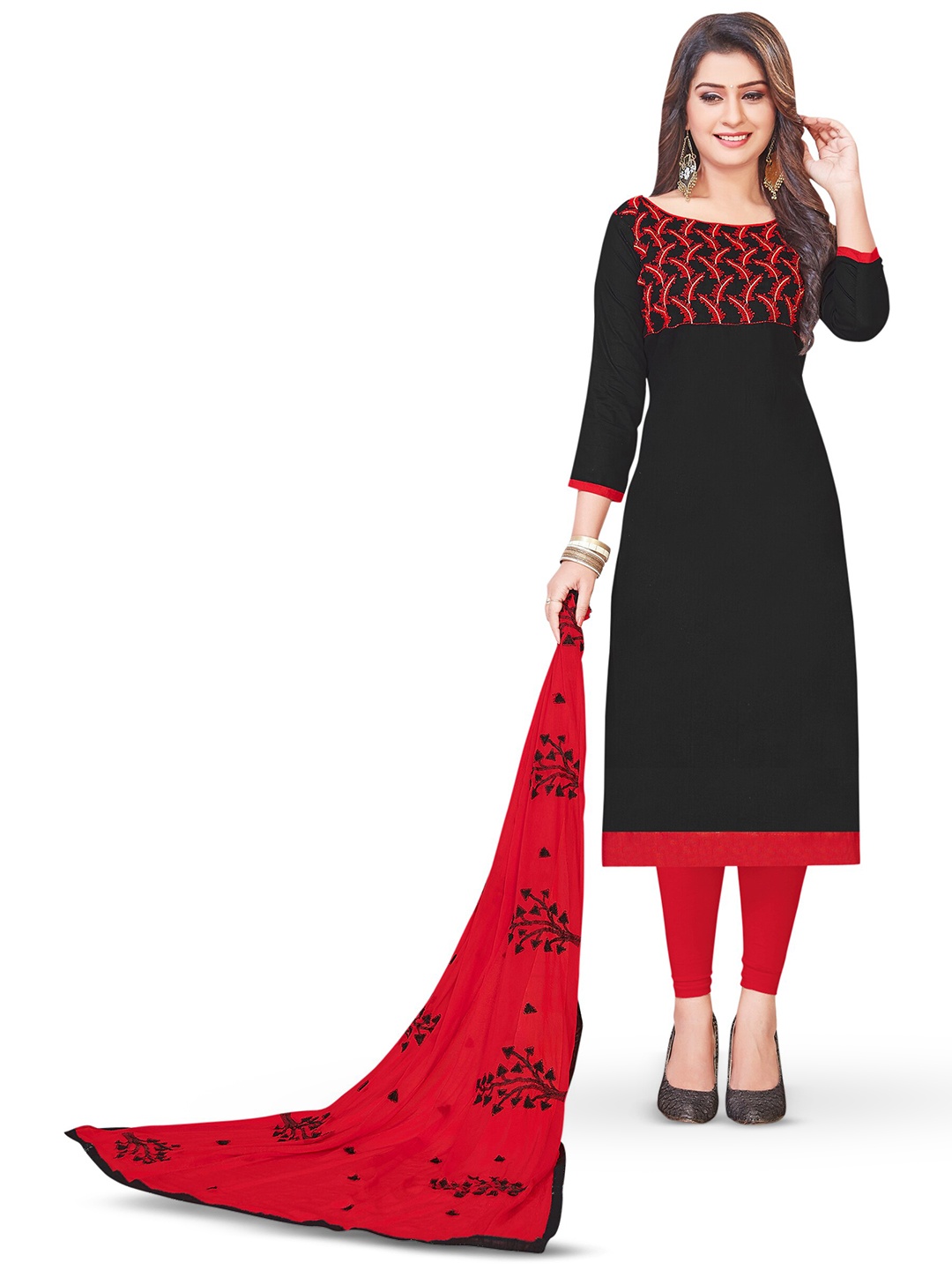 MANVAA Ethnic Motifs Embroidered Unstitched Dress Material, Black