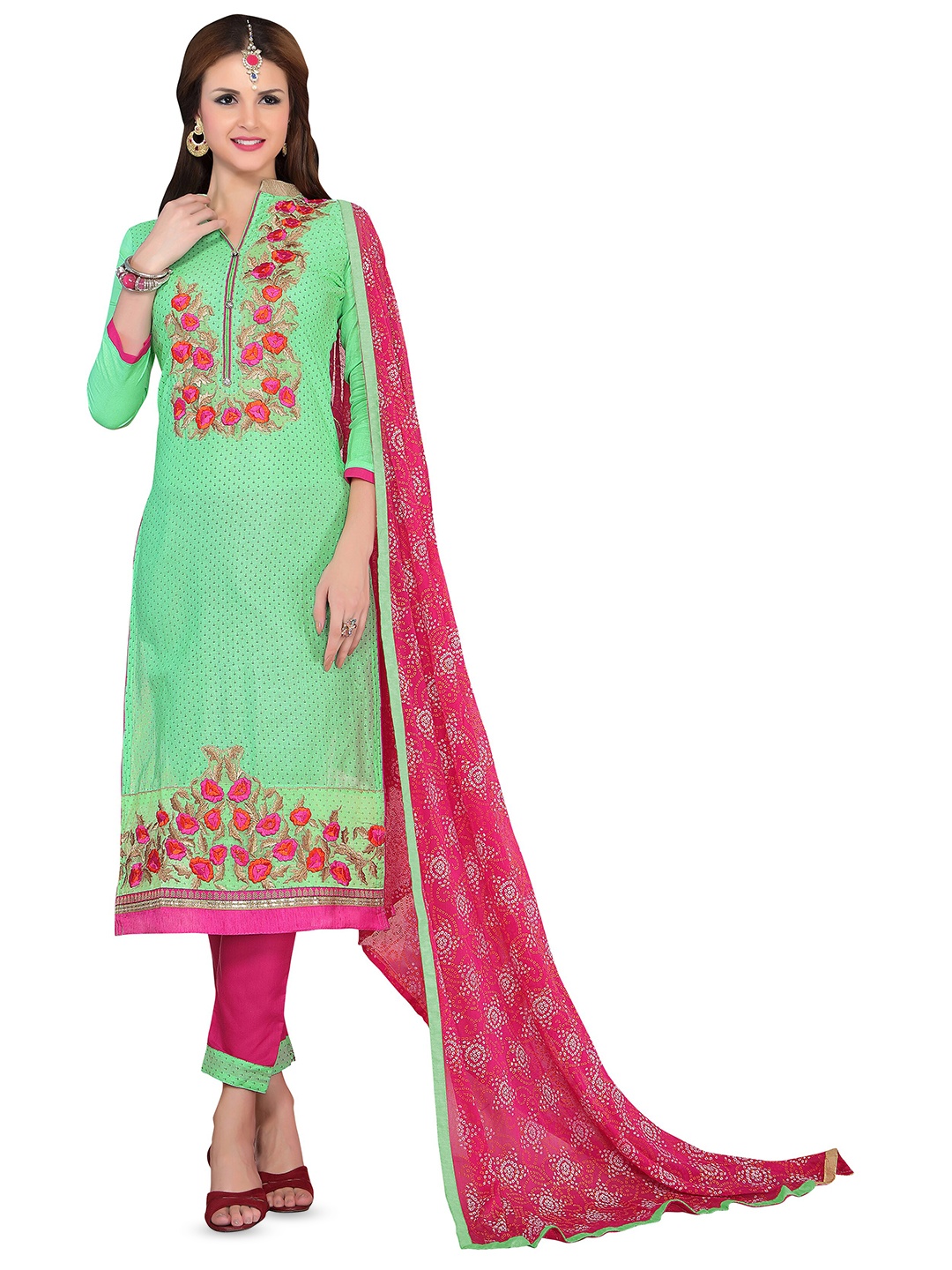 MANVAA Floral Embroidered Unstitched Dress Material, Green