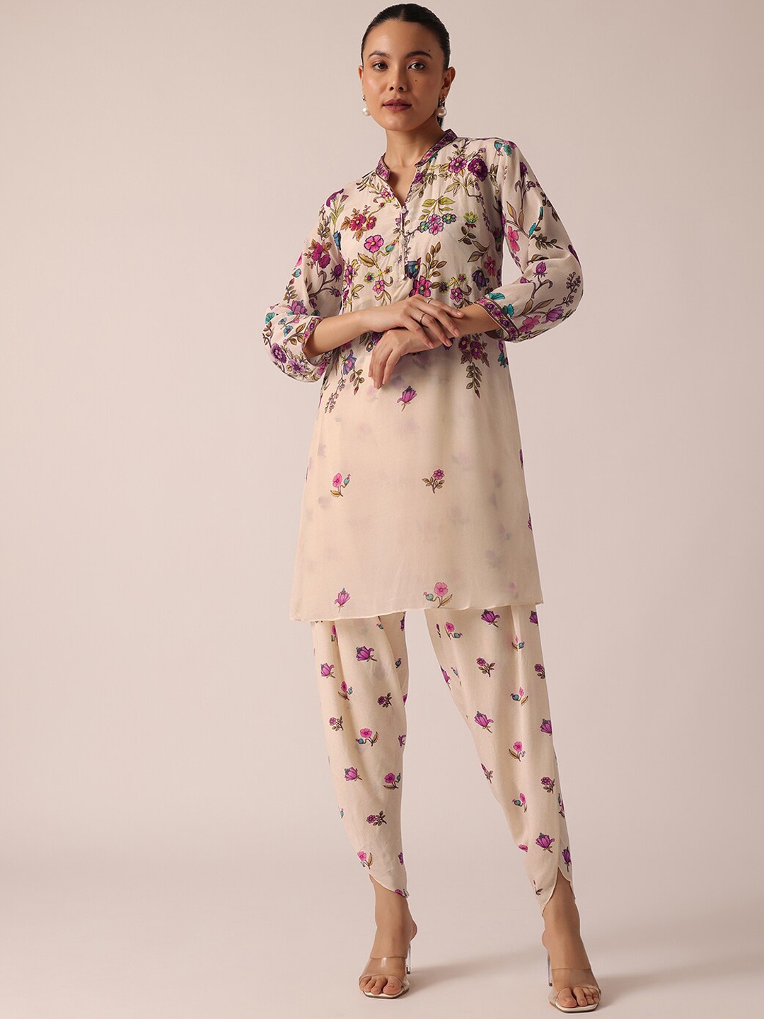 KALKI Fashion Floral Printed Regular Beads & Stones Kurti With Dhoti Pants, Beige