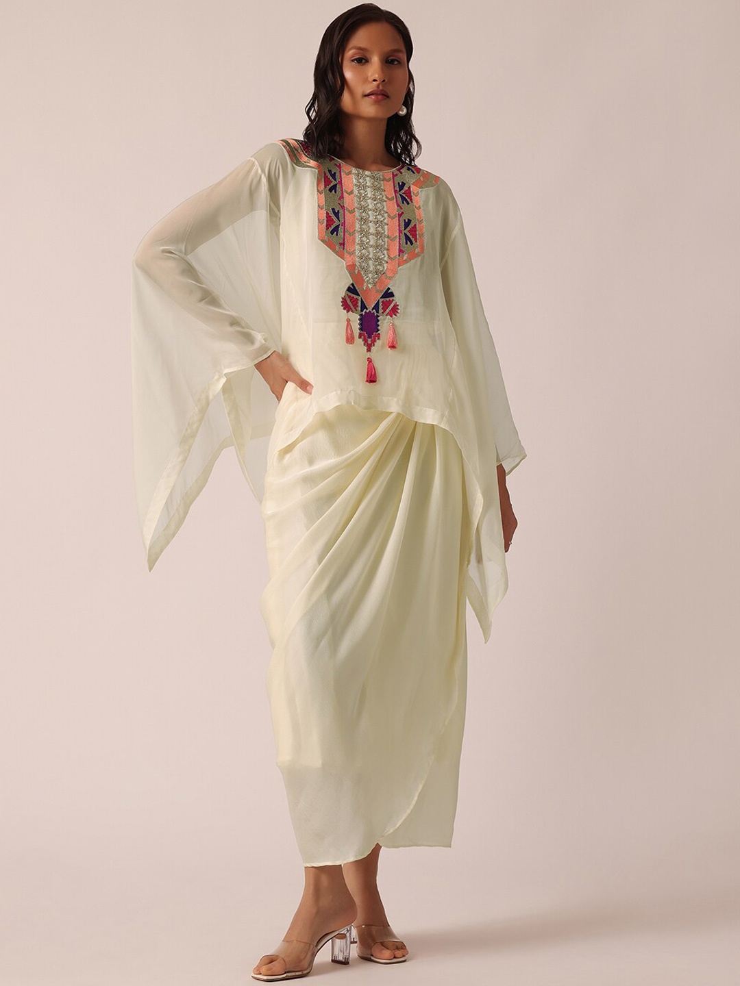 KALKI Fashion Embroidered Crop Top & Dhoti Set, White