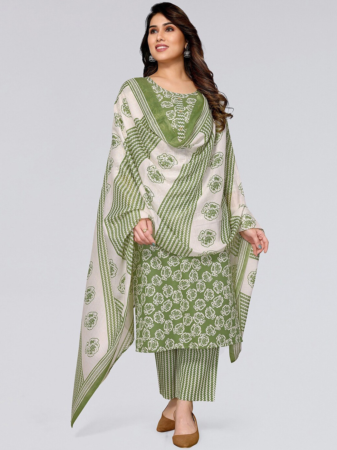 KALINI Floral Printed Round Neck Regular Kurta With Trousers & Dupatta, Green