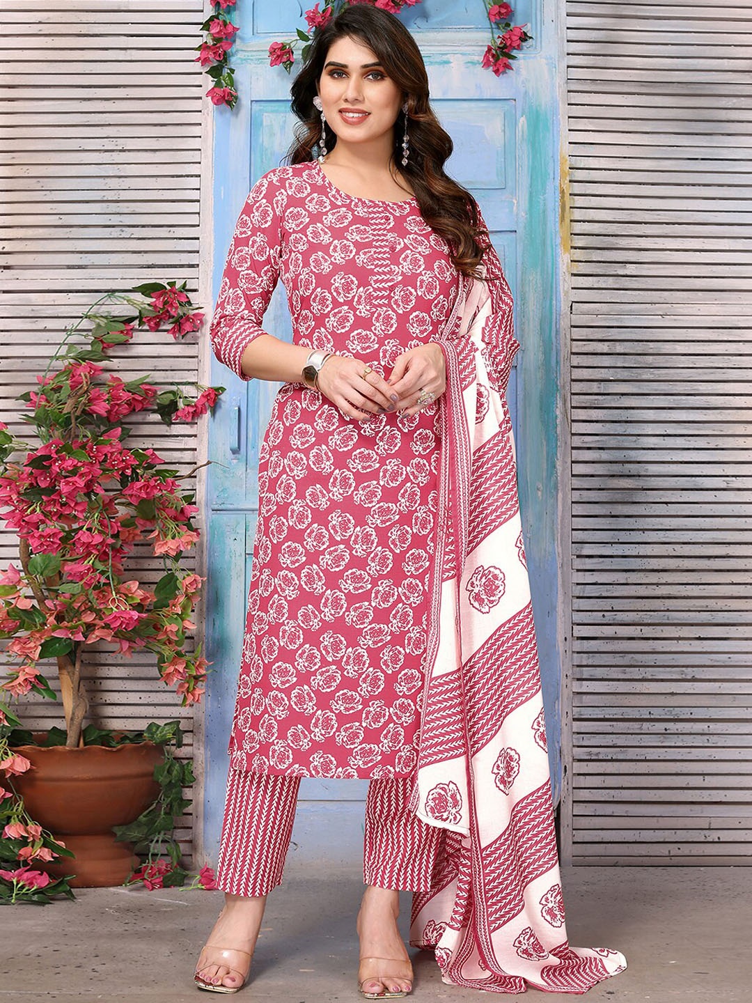 KALINI Floral Printed Round Neck Regular Kurta With Trousers & Dupatta, Pink