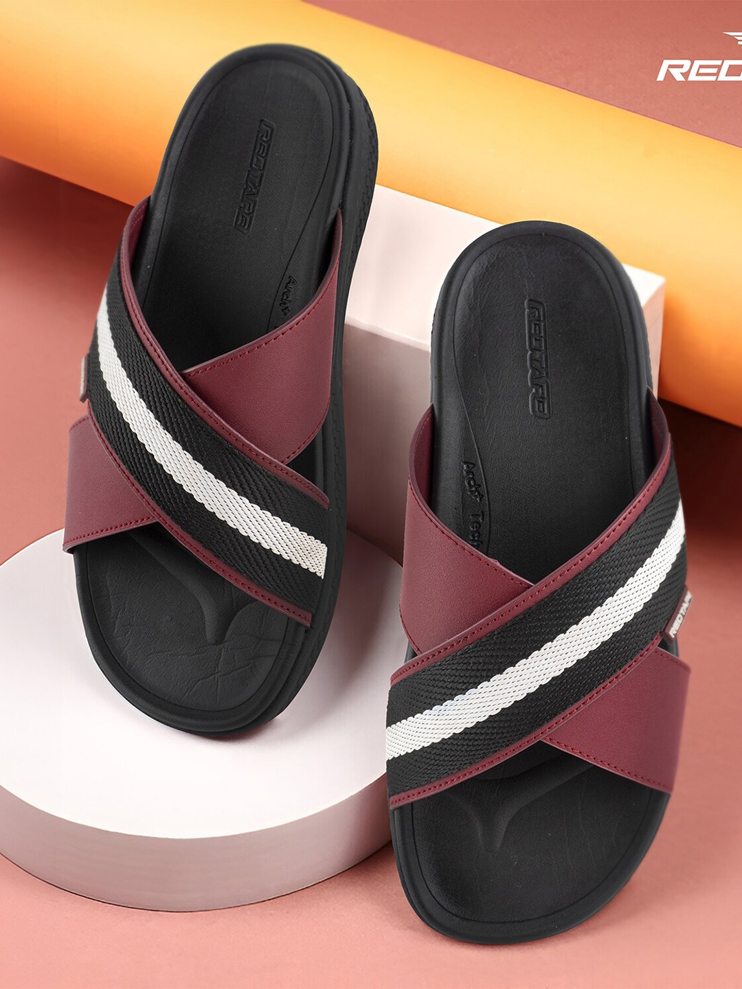 Red Tape Men Striped Lightweight Rubber Sliders, Purple