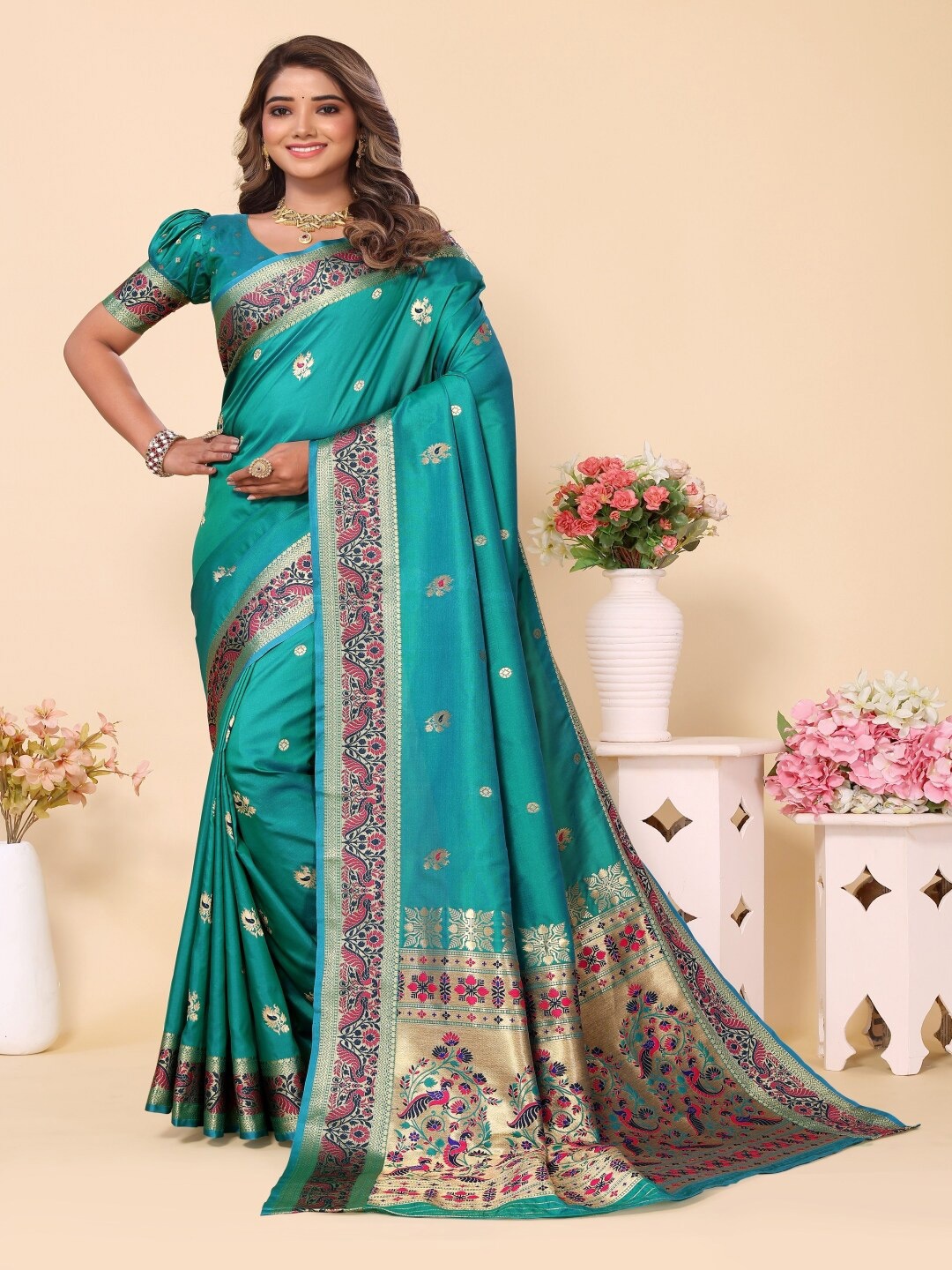 Paramparik Textile Woven Design Zari Silk Blend Designer Paithani Saree, Teal
Paramparik Textile Woven Design Zari Silk Blend Designer Paithani Saree, Teal
