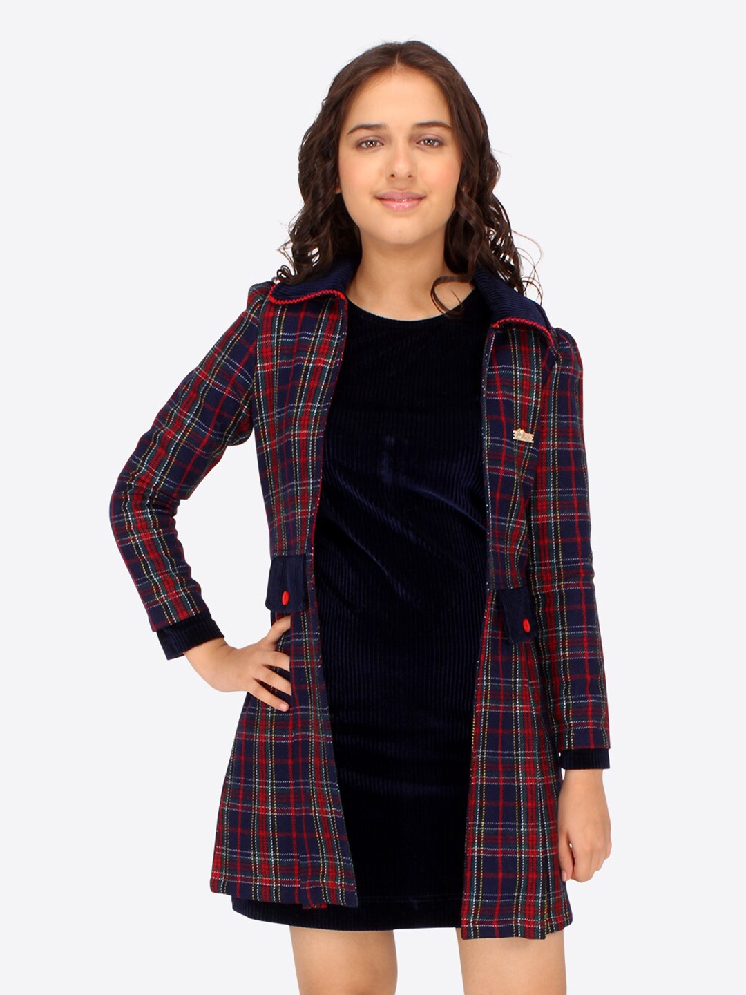 CUTECUMBER Girls Round Neck Long Sleeves Sheath Dress With Checked Jacket & Belt, Navy blue
CUTECUMBER Girls Round Neck Long Sleeves Sheath Dress With Checked Jacket & Belt, Navy blue