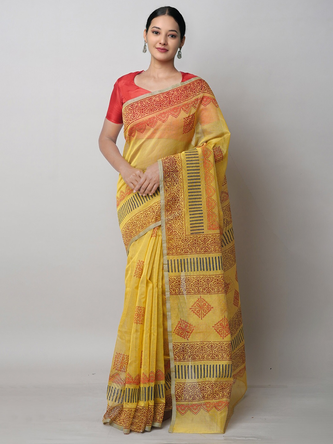 Unnati Silks Ethnic Motifs Meghalaya Supernet Block Print Saree, Yellow
