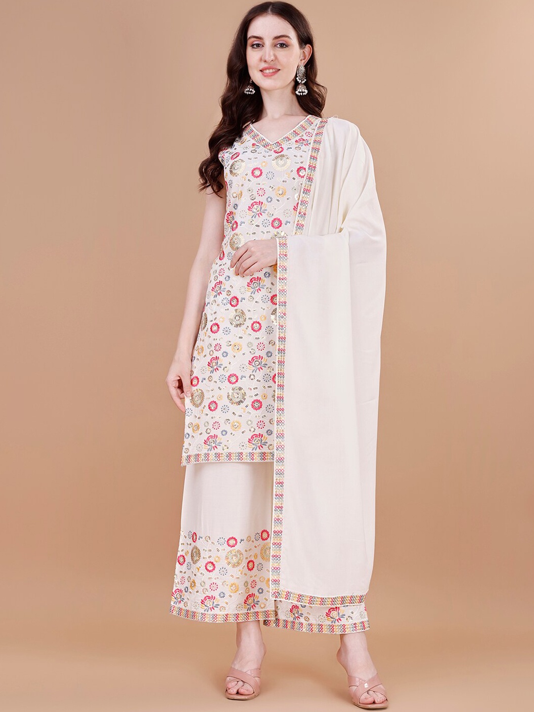 KALINI Ethnic Motifs Embroidered Thread Work V-Neck Kurta With Palazzos & Dupatta, White
KALINI Ethnic Motifs Embroidered Thread Work V-Neck Kurta With Palazzos & Dupatta, White