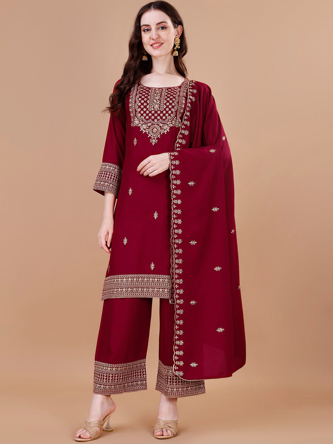 KALINI Ethnic Motifs Embroidered Thread Work Straight Kurta & Palazzos With Dupatta, Maroon
KALINI Ethnic Motifs Embroidered Thread Work Straight Kurta & Palazzos With Dupatta, Maroon