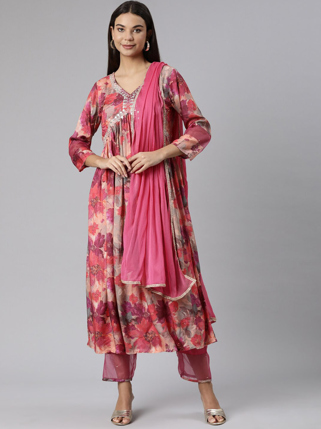 Neerus Floral Printed Mirror Work Empire Kurta With Trousers & Dupatta, Magenta 
Neerus Floral Printed Mirror Work Empire Kurta With Trousers & Dupatta, Magenta