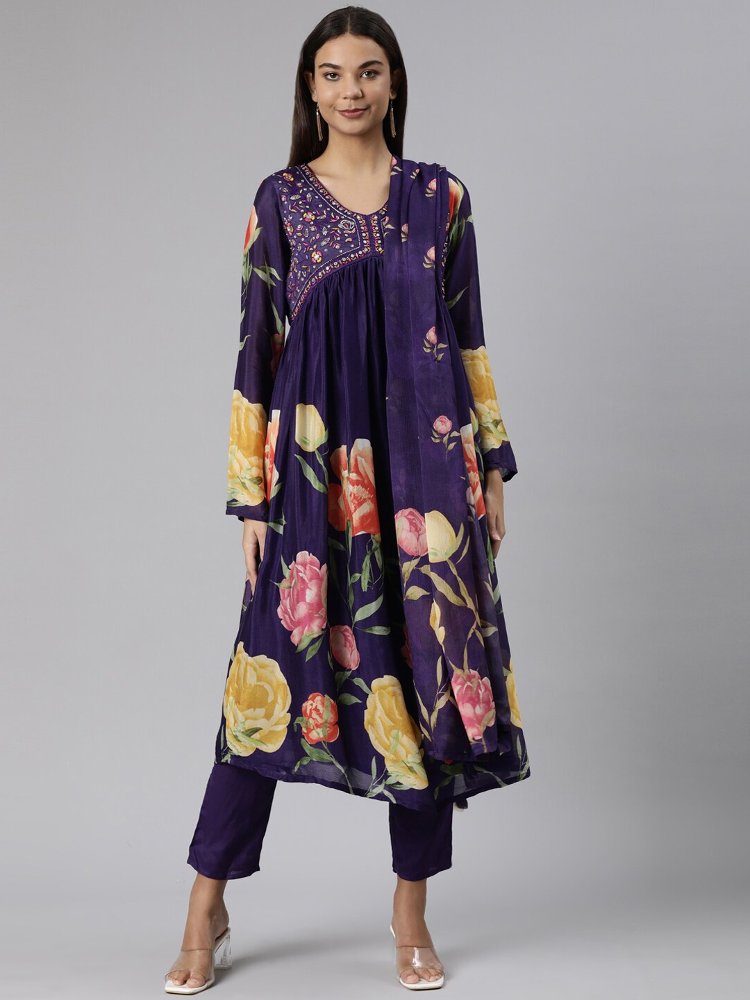 Neerus Floral Embroidered Empire Thread Work Silk Chiffon Kurta With Trousers & Dupatta, Purple
Neerus Floral Embroidered Empire Thread Work Silk Chiffon Kurta With Trousers & Dupatta, Purple