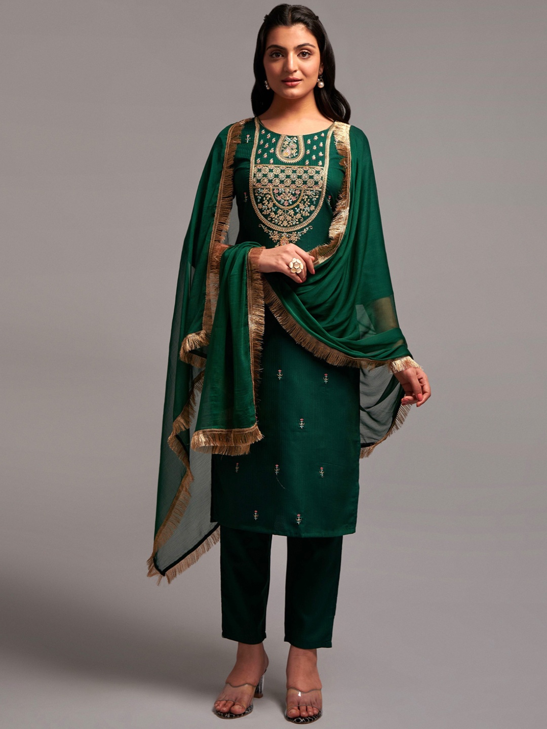 CLEMIRA Floral Embroidered Regular Thread Work Kurta with Trousers & Dupatta, Green
