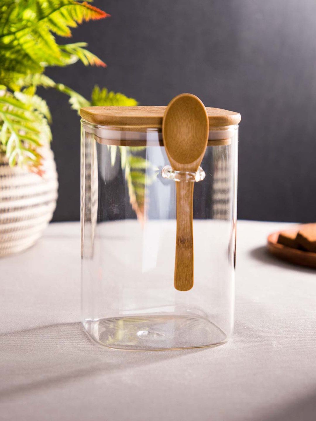THEDECORKART Transparent & Brown Glass Food Container With Spoon