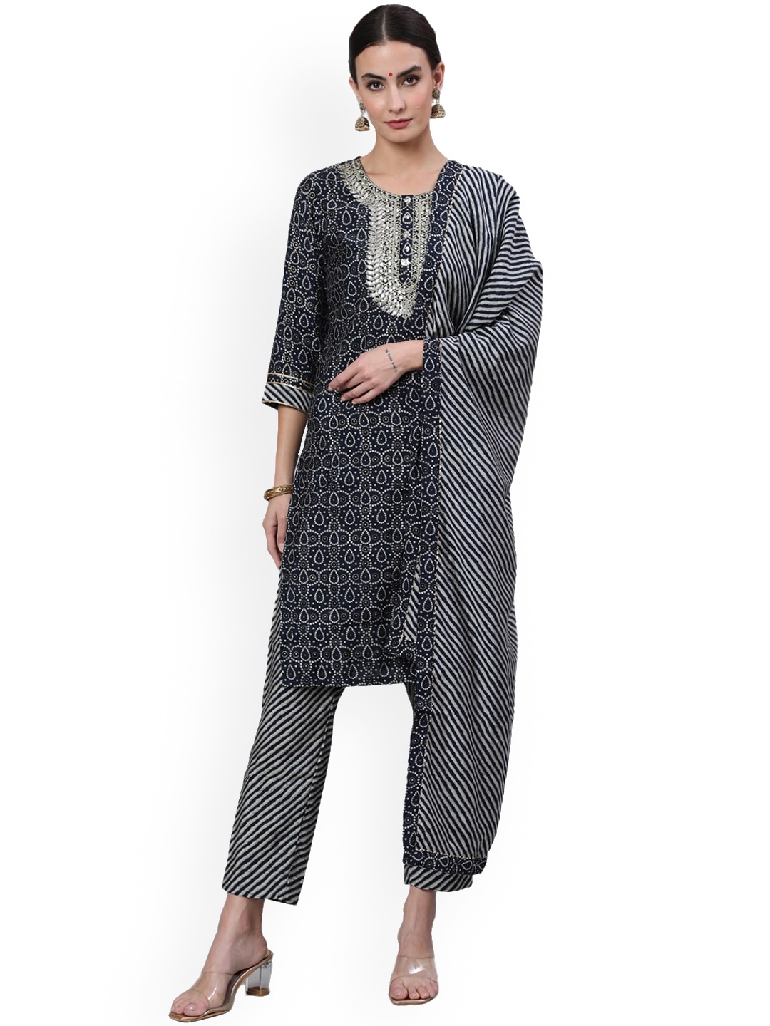 BAESD Bandhani Printed Thread Work Raw Silk Kurta With Trouser & Dupatta, Navy blue