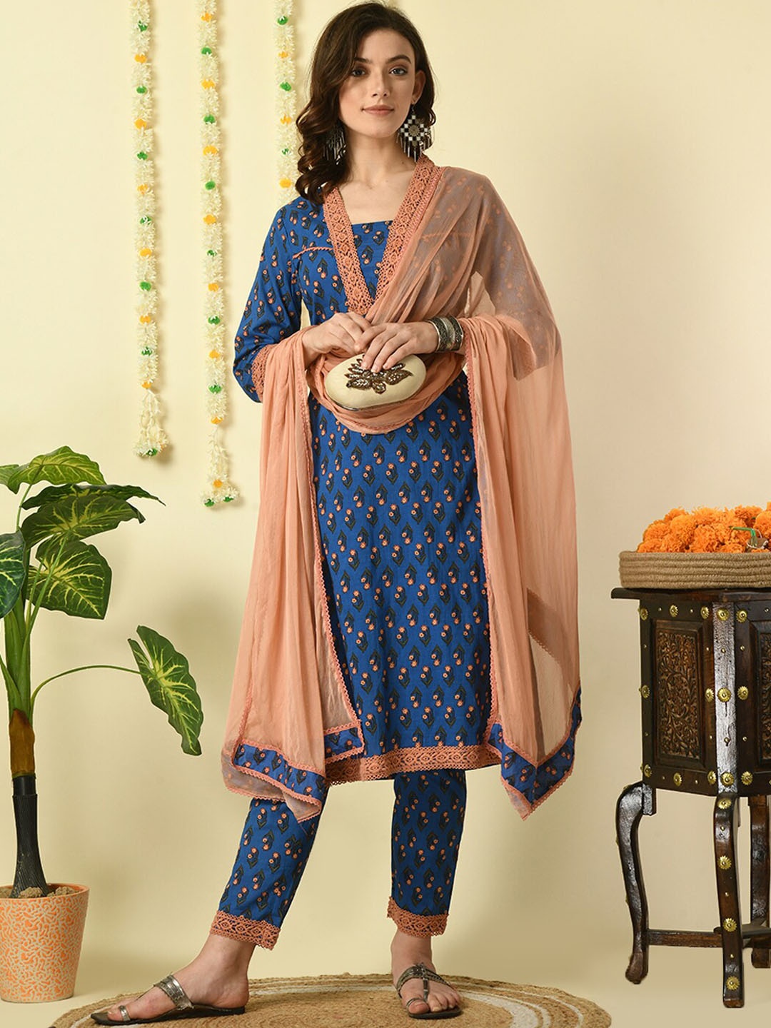 KALINI Ethnic Motifs Printed V-Neck Straight Cotton Kurta & Trousers With Dupatta, Blue
KALINI Ethnic Motifs Printed V-Neck Straight Cotton Kurta & Trousers With Dupatta, Blue