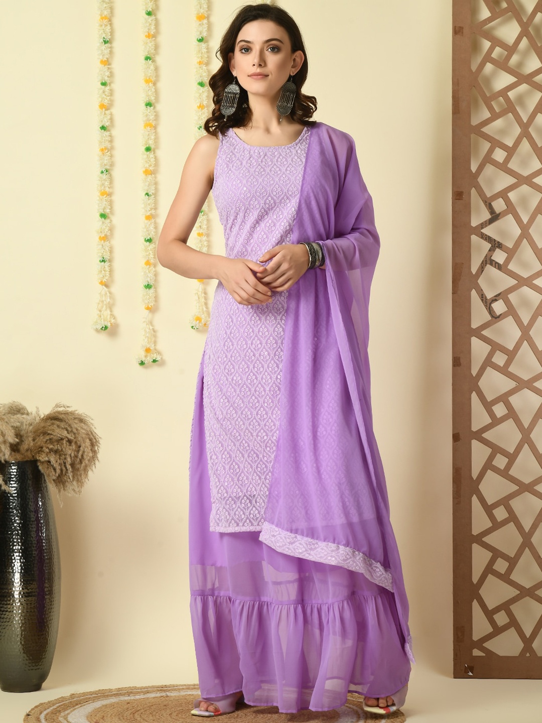 KALINI Ethnic Motifs Embroidered Thread Work Sleeveless Kurta With Skirt & Dupatta, Purple
KALINI Ethnic Motifs Embroidered Thread Work Sleeveless Kurta With Skirt & Dupatta, Purple