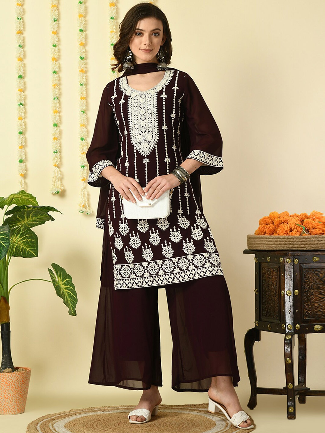KALINI Ethnic Motifs Embroidered Thread Work Georgette Kurta With Palazzos & Dupatta, Coffee brown
KALINI Ethnic Motifs Embroidered Thread Work Georgette Kurta With Palazzos & Dupatta, Coffee brown