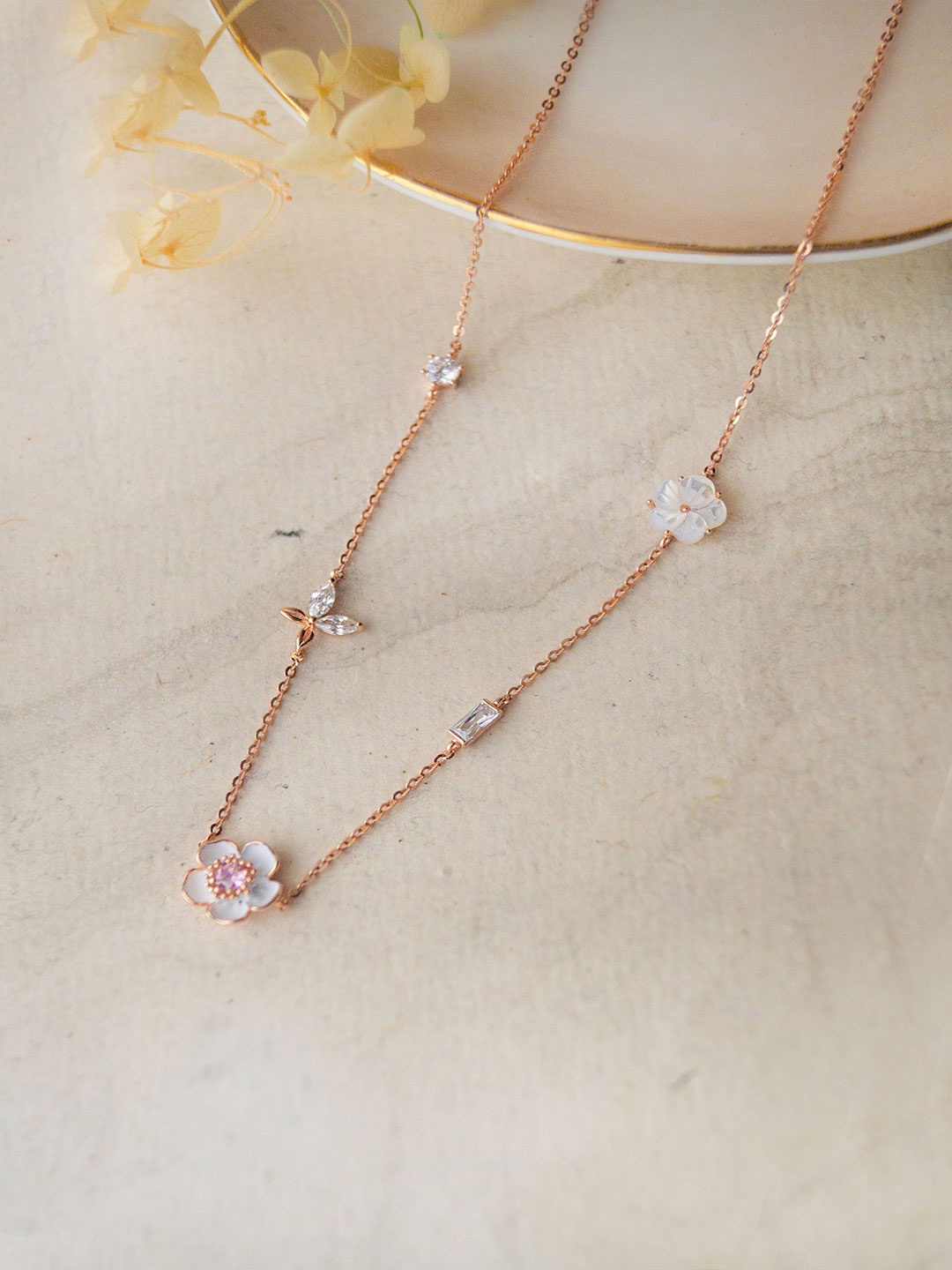 MANNASH Rose Gold Plated Stone Studded Sterling Silver Chain