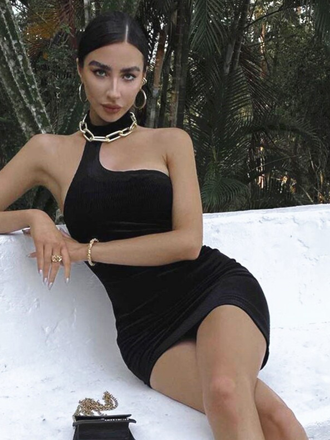 StyleCast Black Asymmetric Neck Bodycon Mini Dress