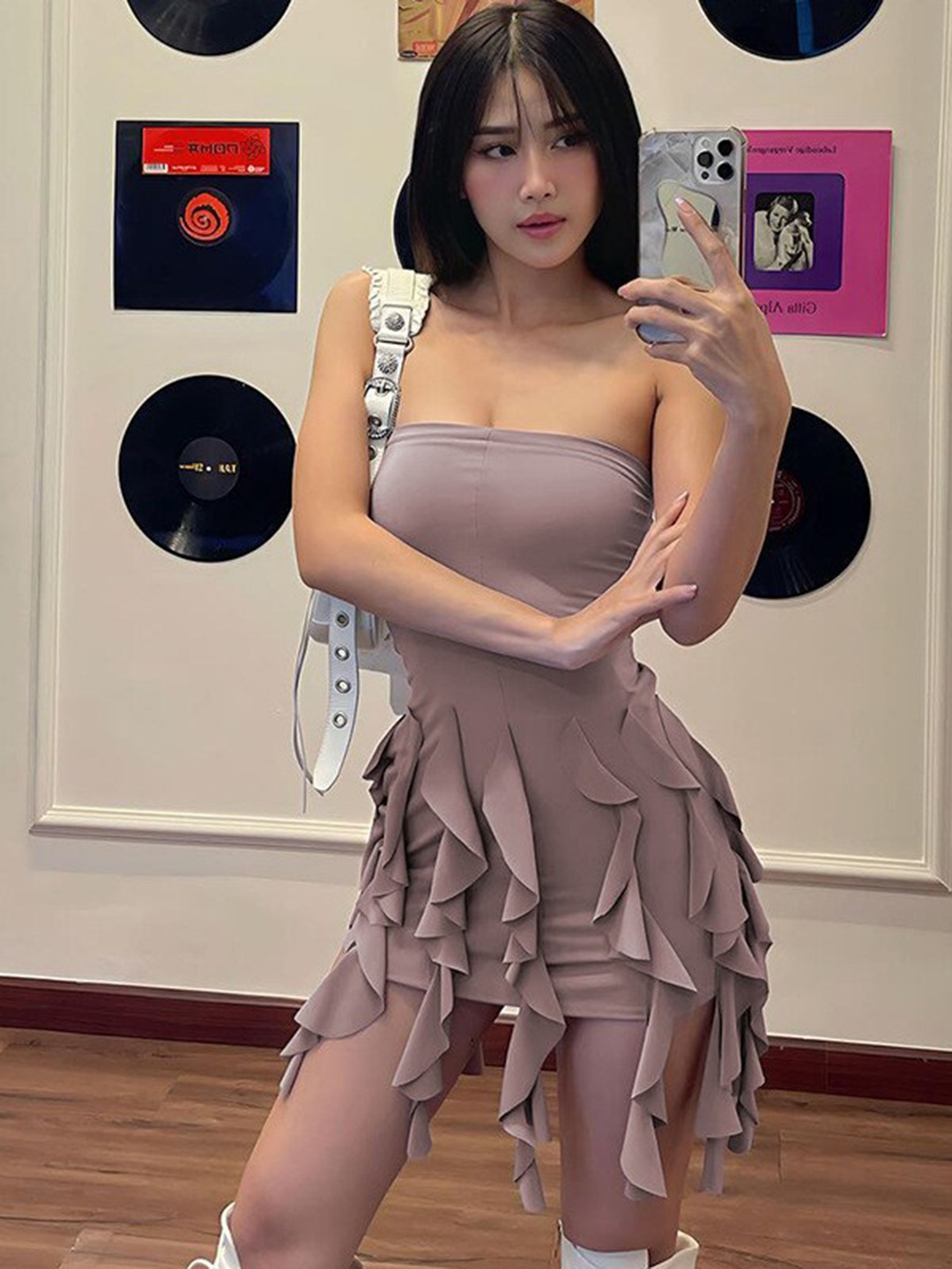 StyleCast Pink Strapless Ruffles Bodycon Mini Dress, Mauve
