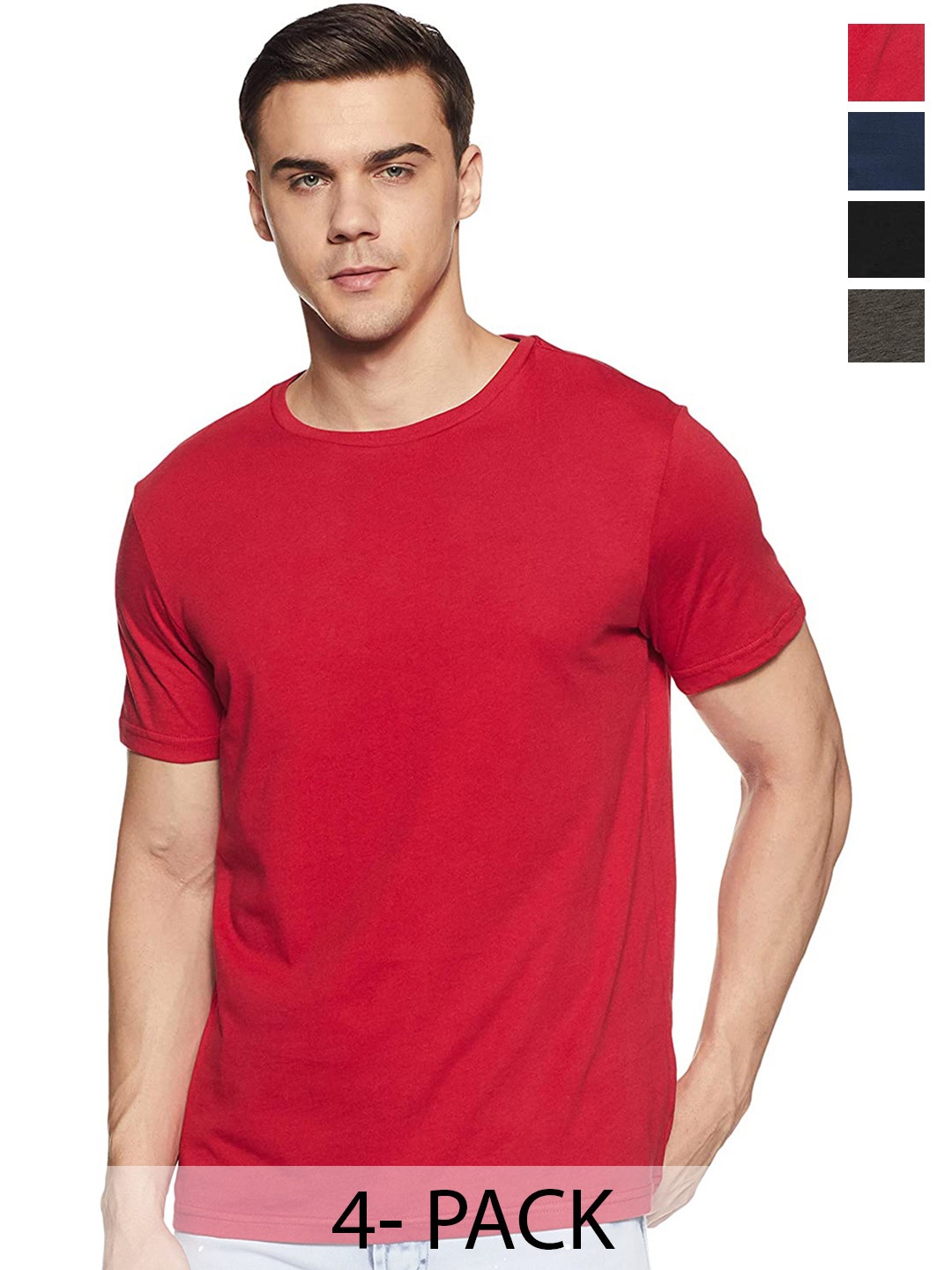 COLOR CAPITAL Unisex Pack Of 4 Round Neck Cotton T-shirts, Red
