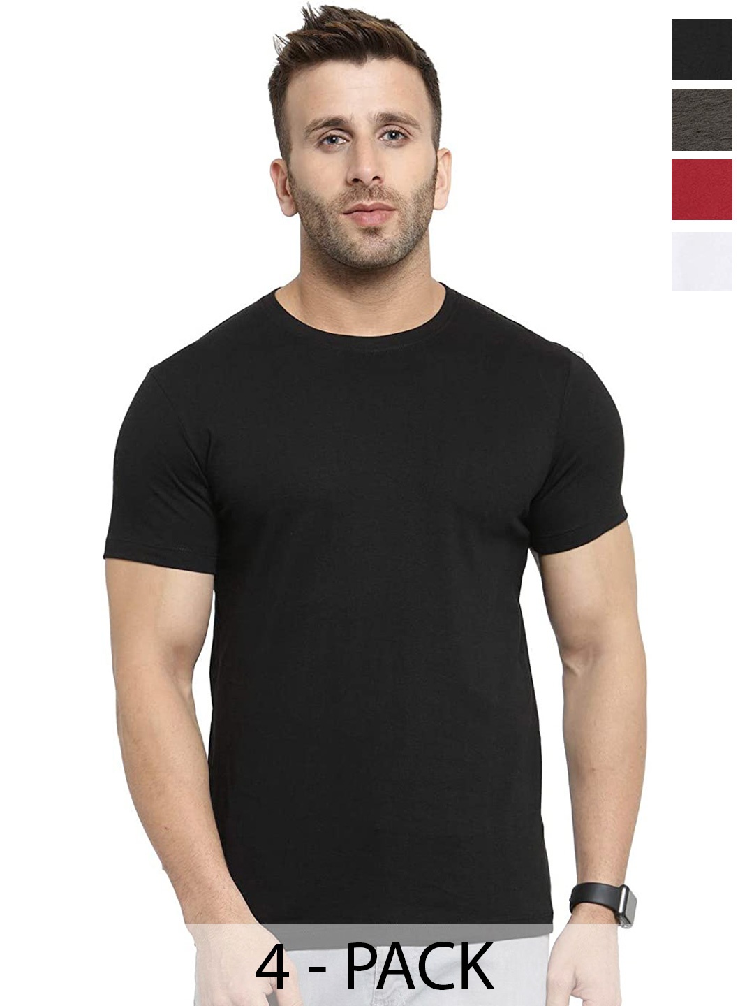 COLOR CAPITAL Unisex Pack Of 4 Round Neck Cotton T-shirt, Black