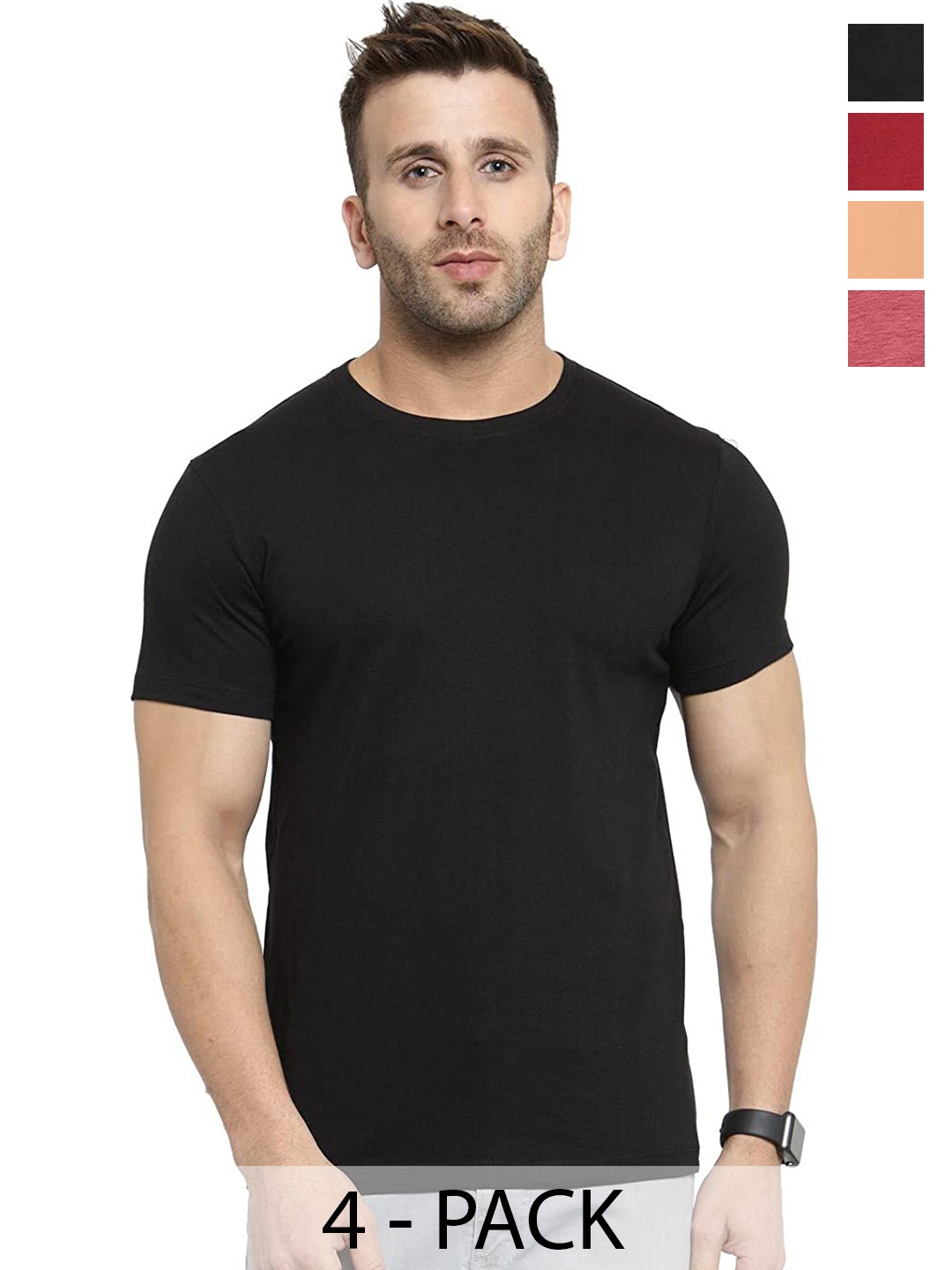 COLOR CAPITAL Unisex Pack Of 4 Round Neck Cotton T-shirt, Black