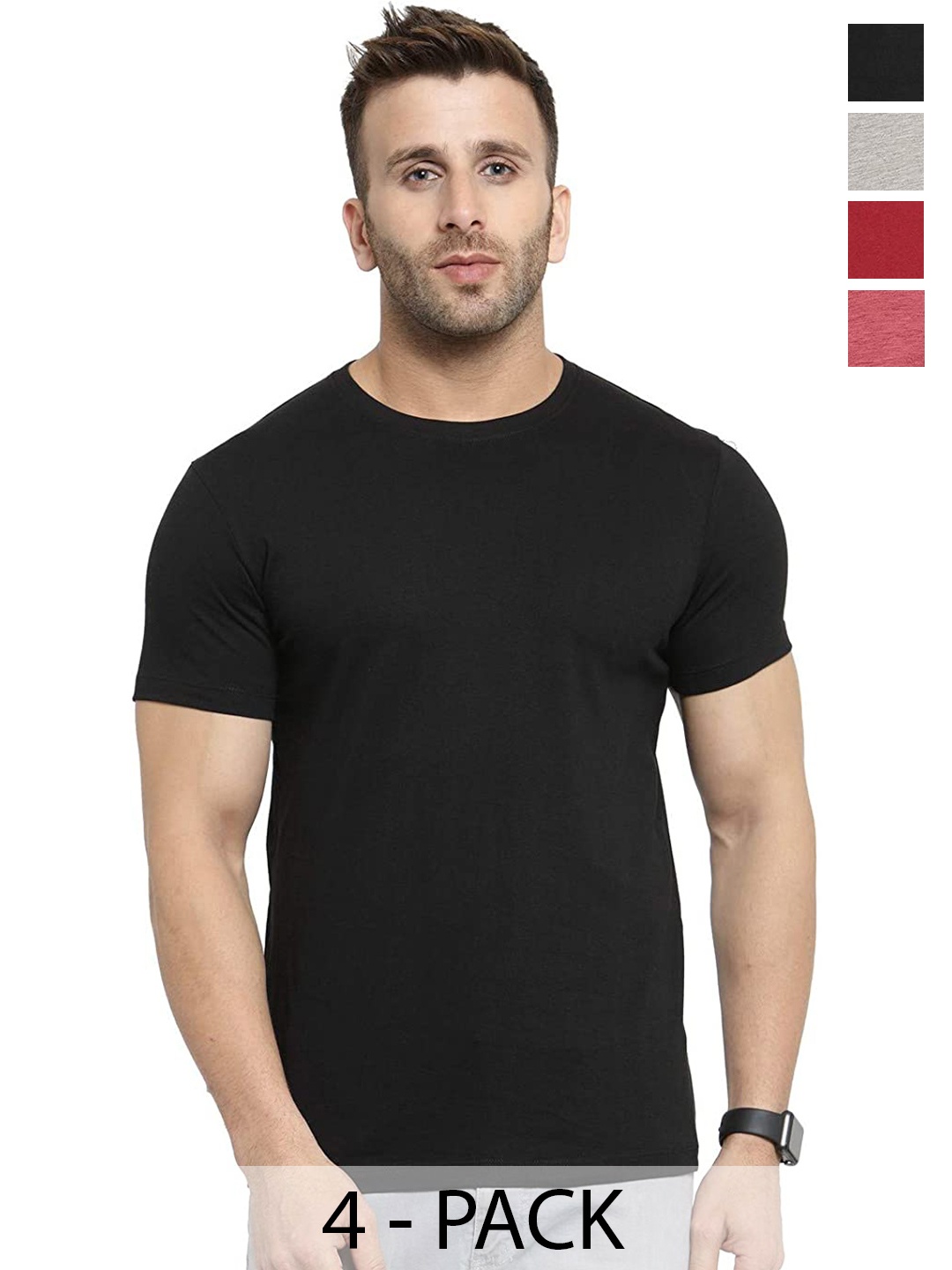 COLOR CAPITAL Pack Of 4 Round Neck Cotton T Shirts, Black