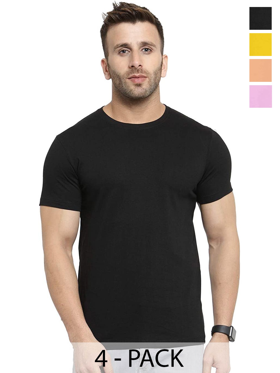 COLOR CAPITAL Unisex Pack Of 4 Cotton T-Shirts, Black