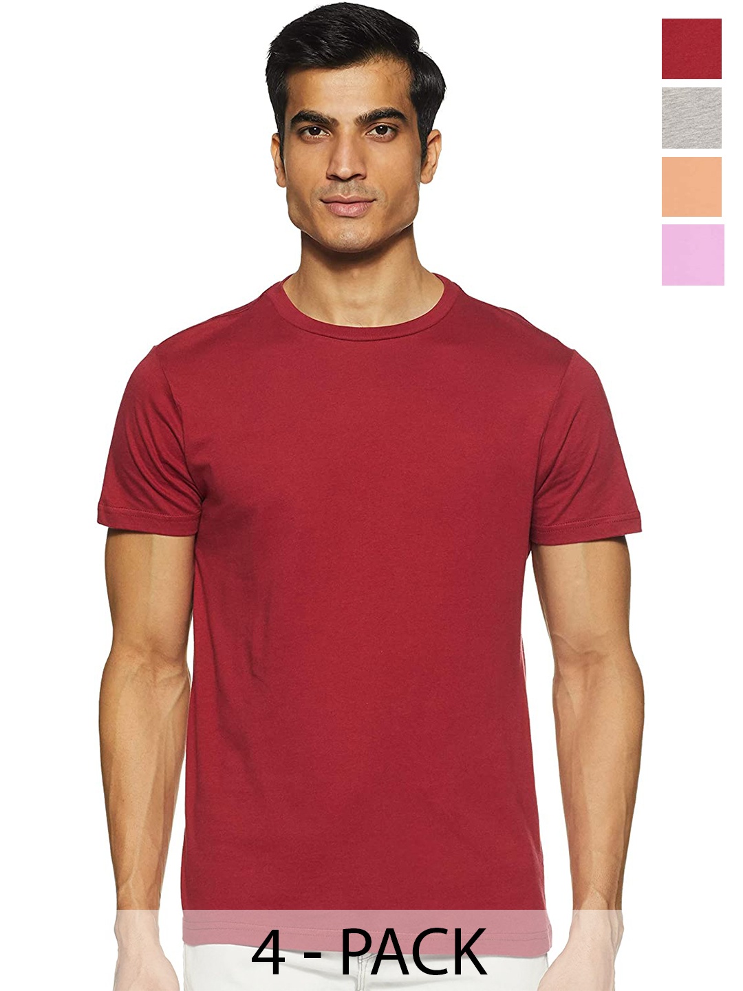 COLOR CAPITAL Unisex Pack Of 4 Round Neck Casual Cotton T-shirts, Maroon