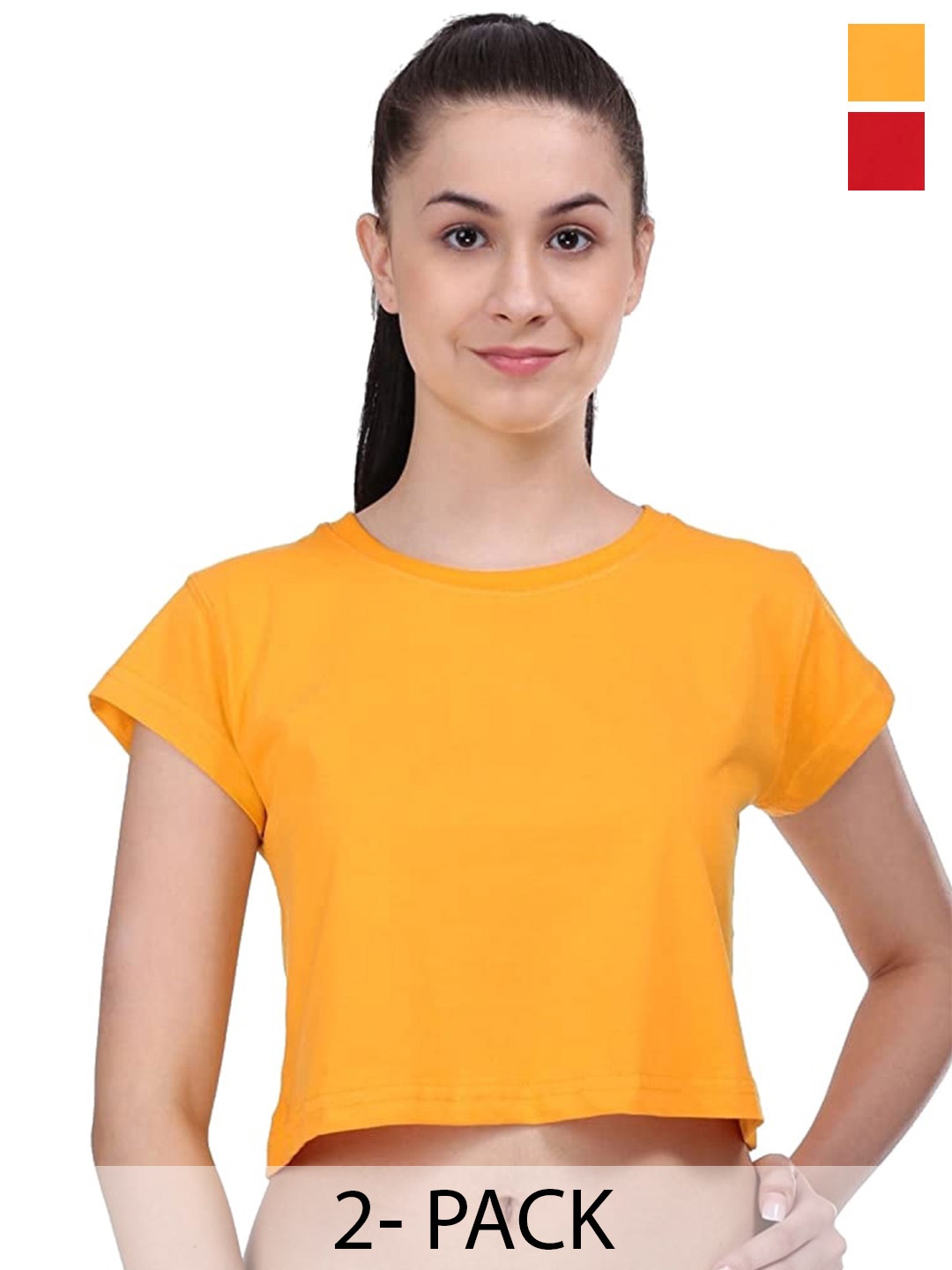COLOR CAPITAL Pack Of 2 Round Neck Cotton Crop T-shirts, Yellow