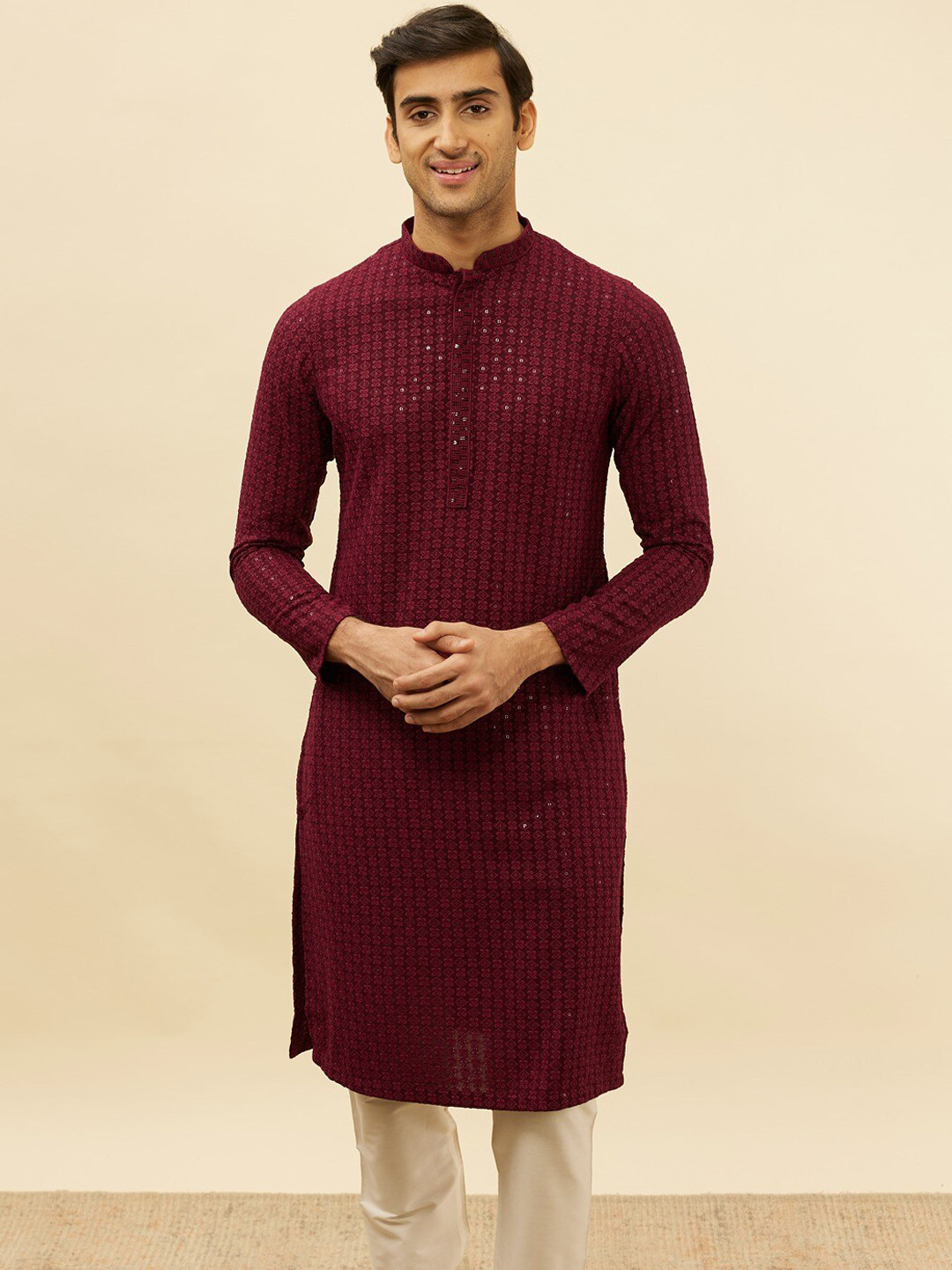 Manyavar Ethnic Motifs Embroidered Sequined Chikankari Regular Kurta with Pyjamas, Maroon
Manyavar Ethnic Motifs Embroidered Sequined Chikankari Regular Kurta with Pyjamas, Maroon
