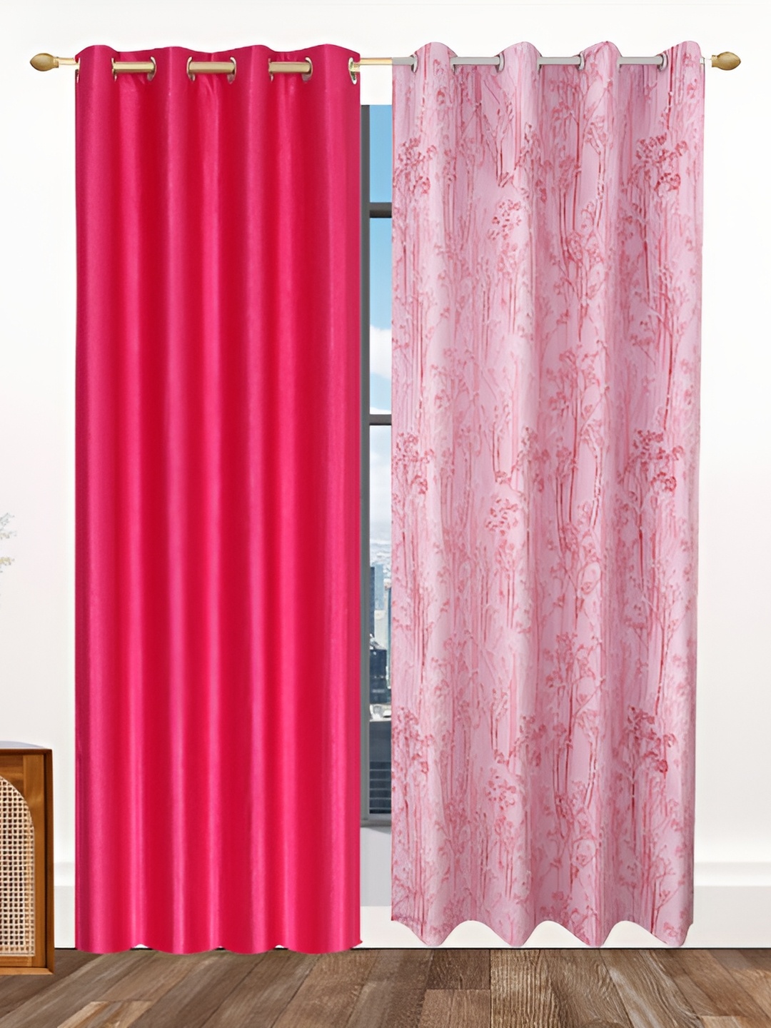 Ville Style Pink & Peach 2 Pieces Floral Room Darkening Long Door Curtains