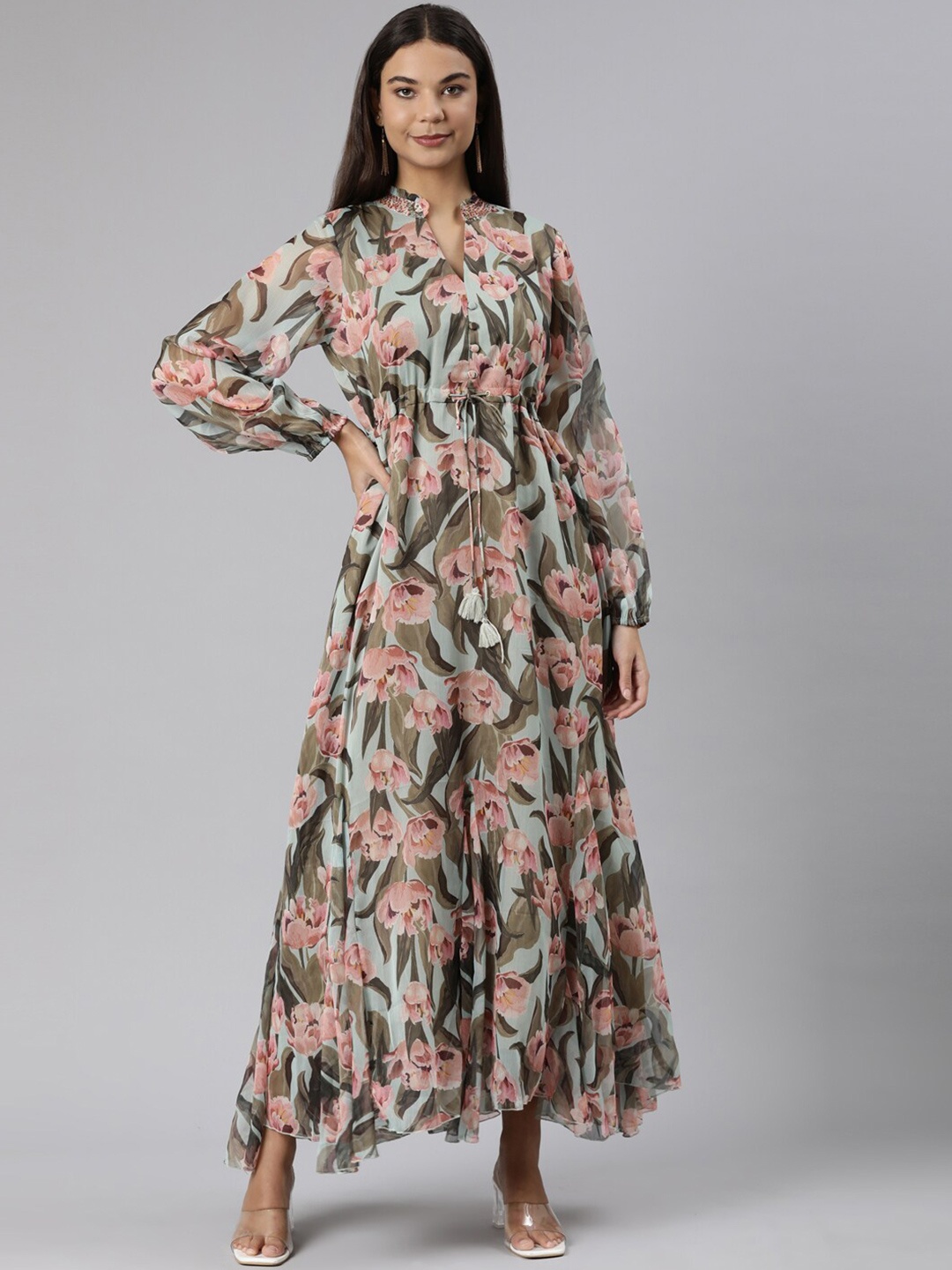 Neerus Floral Printed Mandarin Collar Puff Sleeves Silk Fit & Flare Maxi Ethnic Dress, Sea green
Neerus Floral Printed Mandarin Collar Puff Sleeves Silk Fit & Flare Maxi Ethnic Dress, Sea green