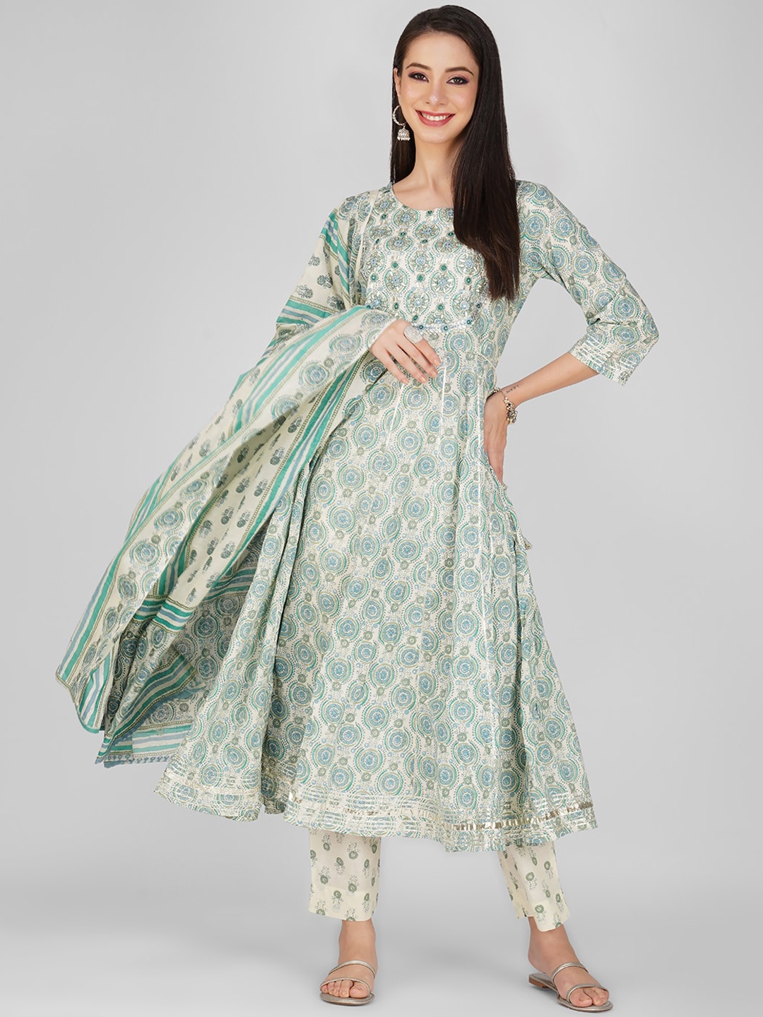 KALINI Ethni Motifs Printed Thread Work Cotton Anarkali Kurta & Trousers With Dupatta, Green
KALINI Ethni Motifs Printed Thread Work Cotton Anarkali Kurta & Trousers With Dupatta, Green