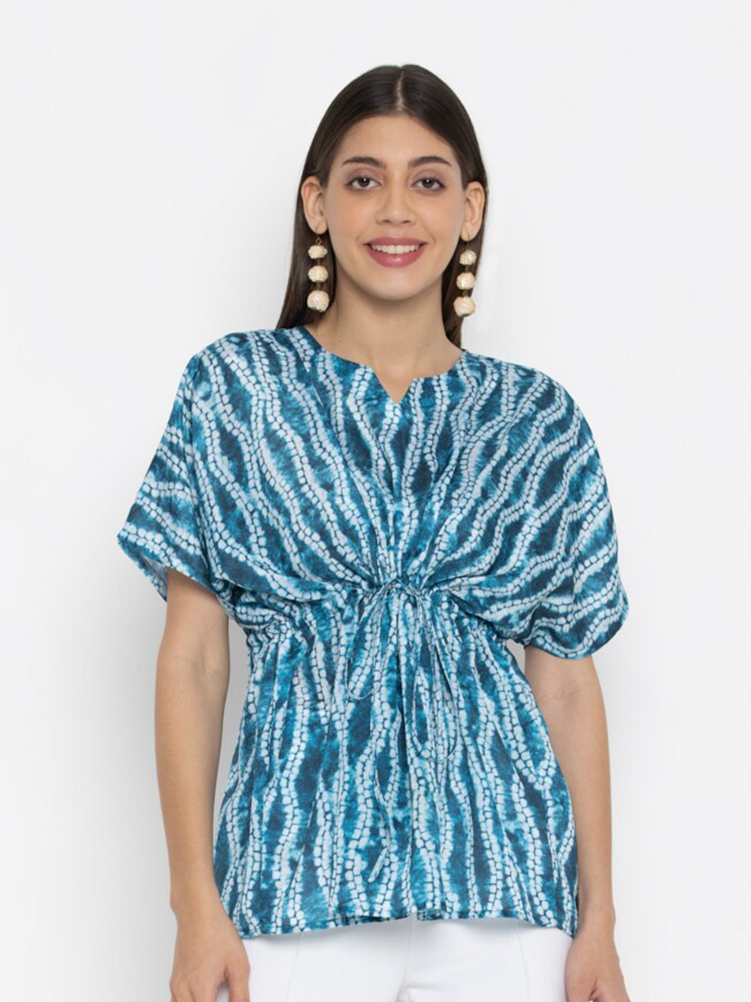 OCTICS Printed Cotton Chiffon Kaftan Top, Blue
