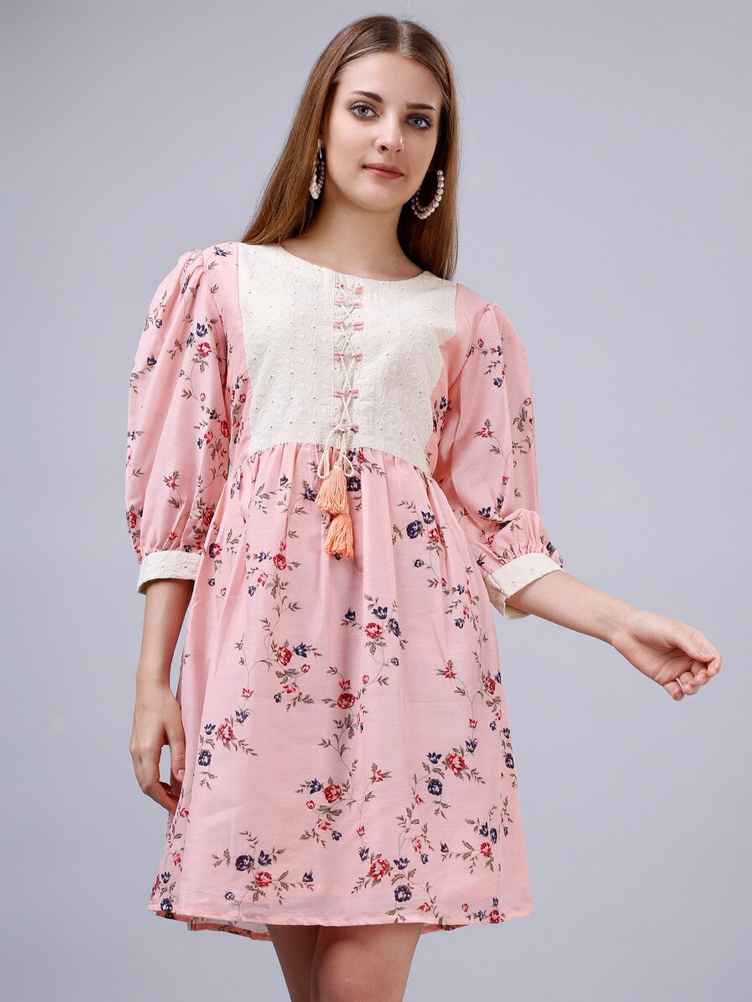 KALINI Floral Printed Puff Sleeves Gathered Detailed Pure Cotton Fit & Flare Dress, Peach
KALINI Floral Printed Puff Sleeves Gathered Detailed Pure Cotton Fit & Flare Dress, Peach