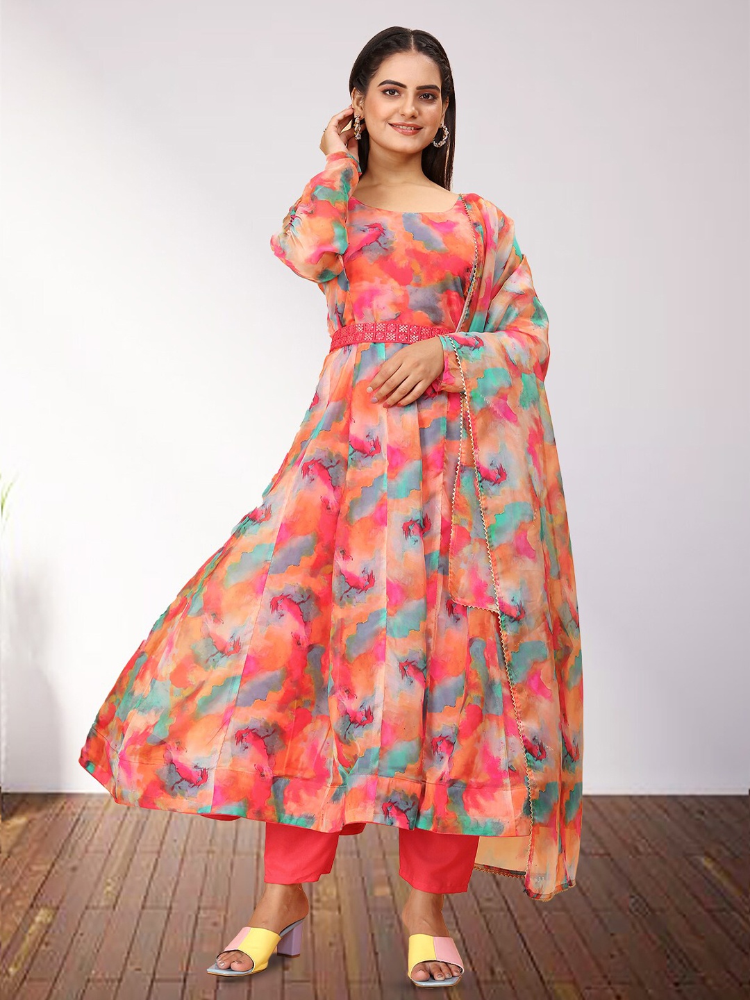 N N ENTERPRISE Printed Kurta With Trouser & Dupatta, Red