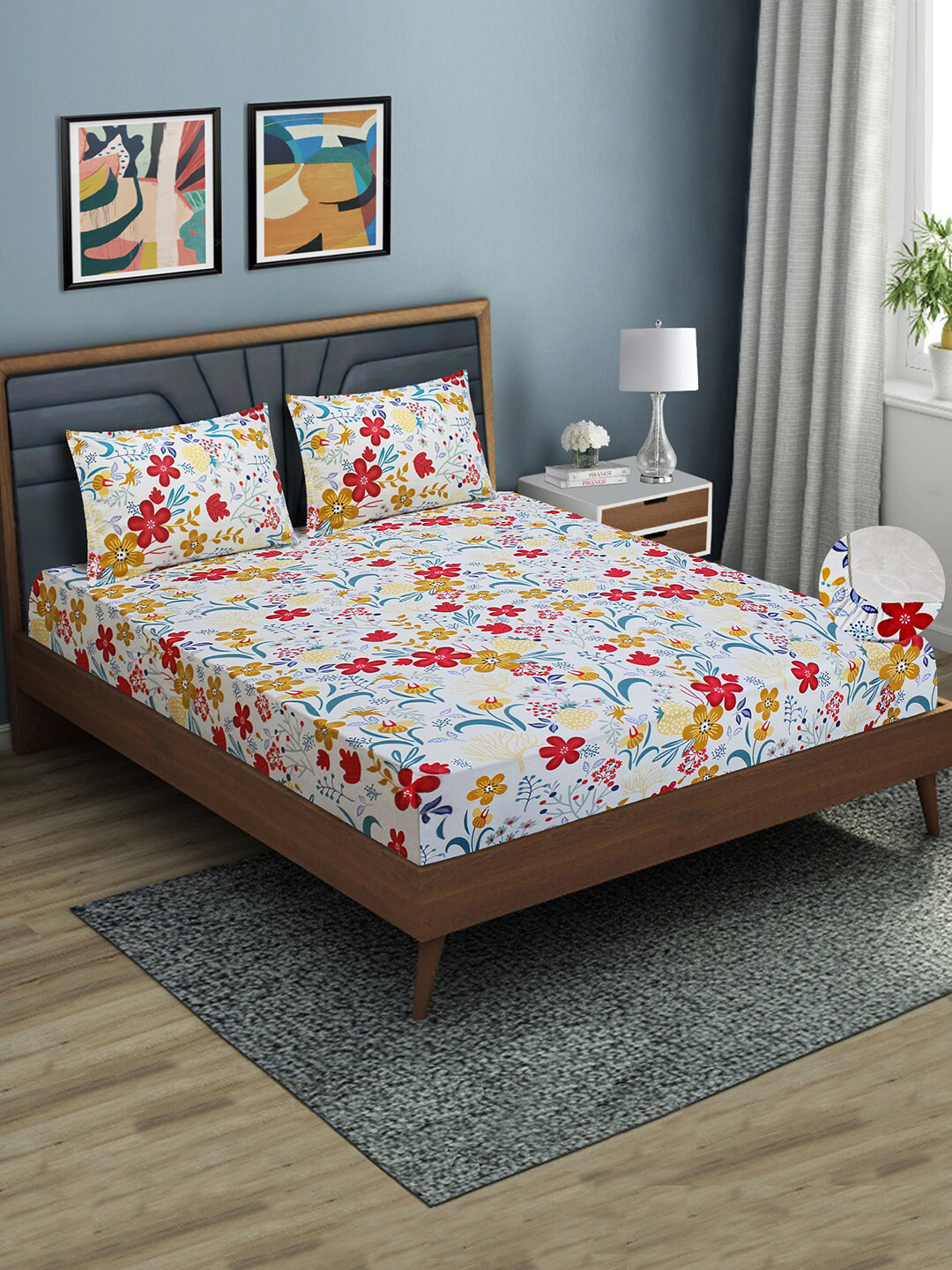 Aura Floral Print 144 TC Queen Fully Fitted Elastic Bedsheet with 2 Pillow Covers, White
Aura Floral Print 144 TC Queen Fully Fitted Elastic Bedsheet with 2 Pillow Covers, White