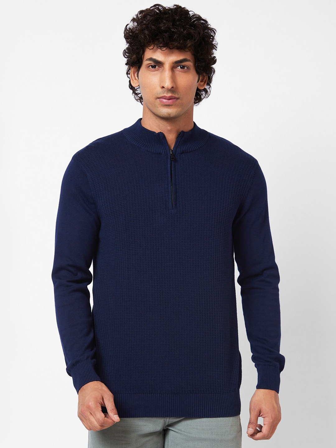 SPYKAR Cable Knit Self Design Mock Collar Half Zipper Ribbed Cotton Pullover Sweater, Blue
SPYKAR Cable Knit Self Design Mock Collar Half Zipper Ribbed Cotton Pullover Sweater, Blue