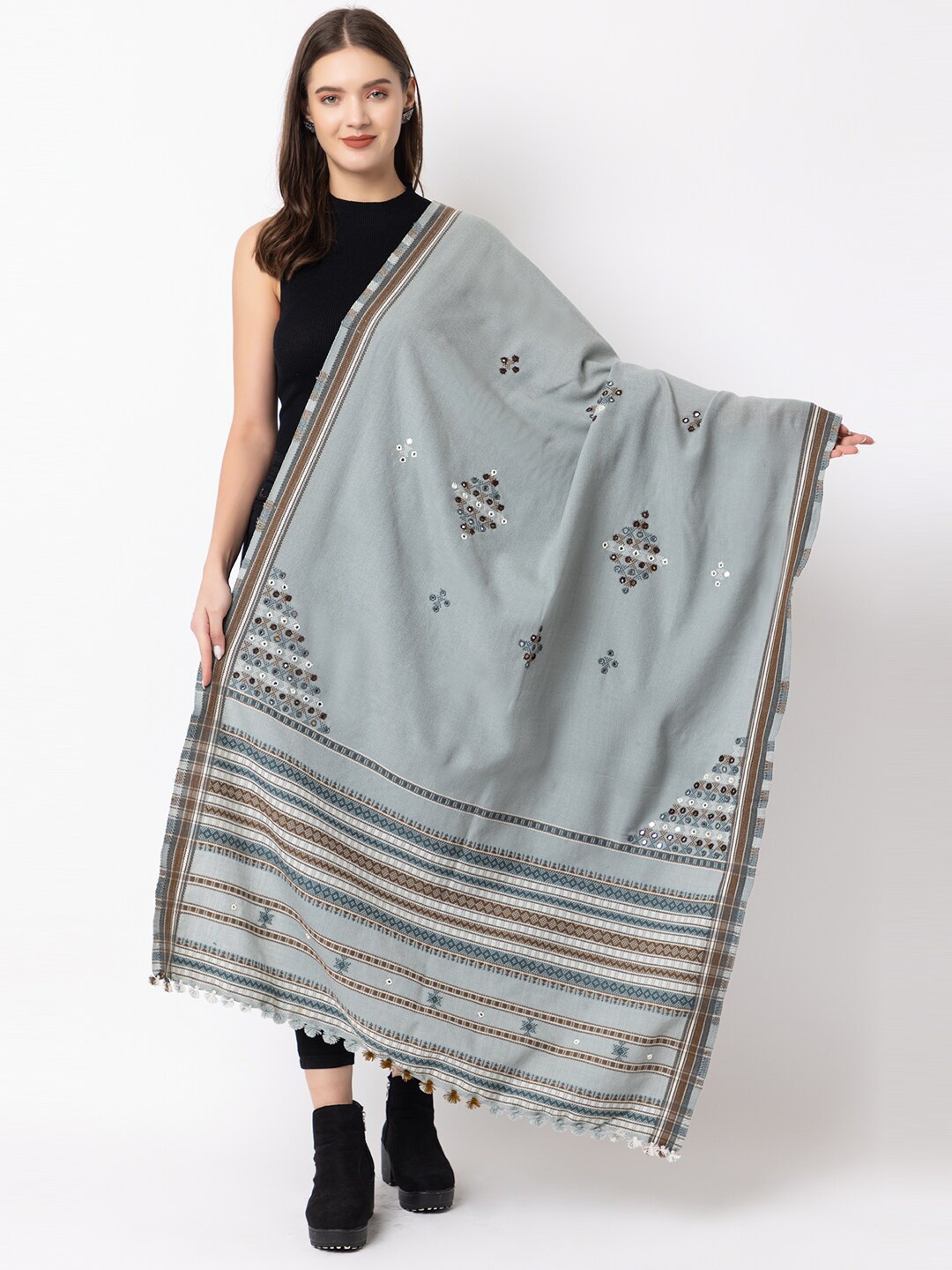 CASMIR Ethnic Motifs Embroidered Mirror Work Shawl, Grey