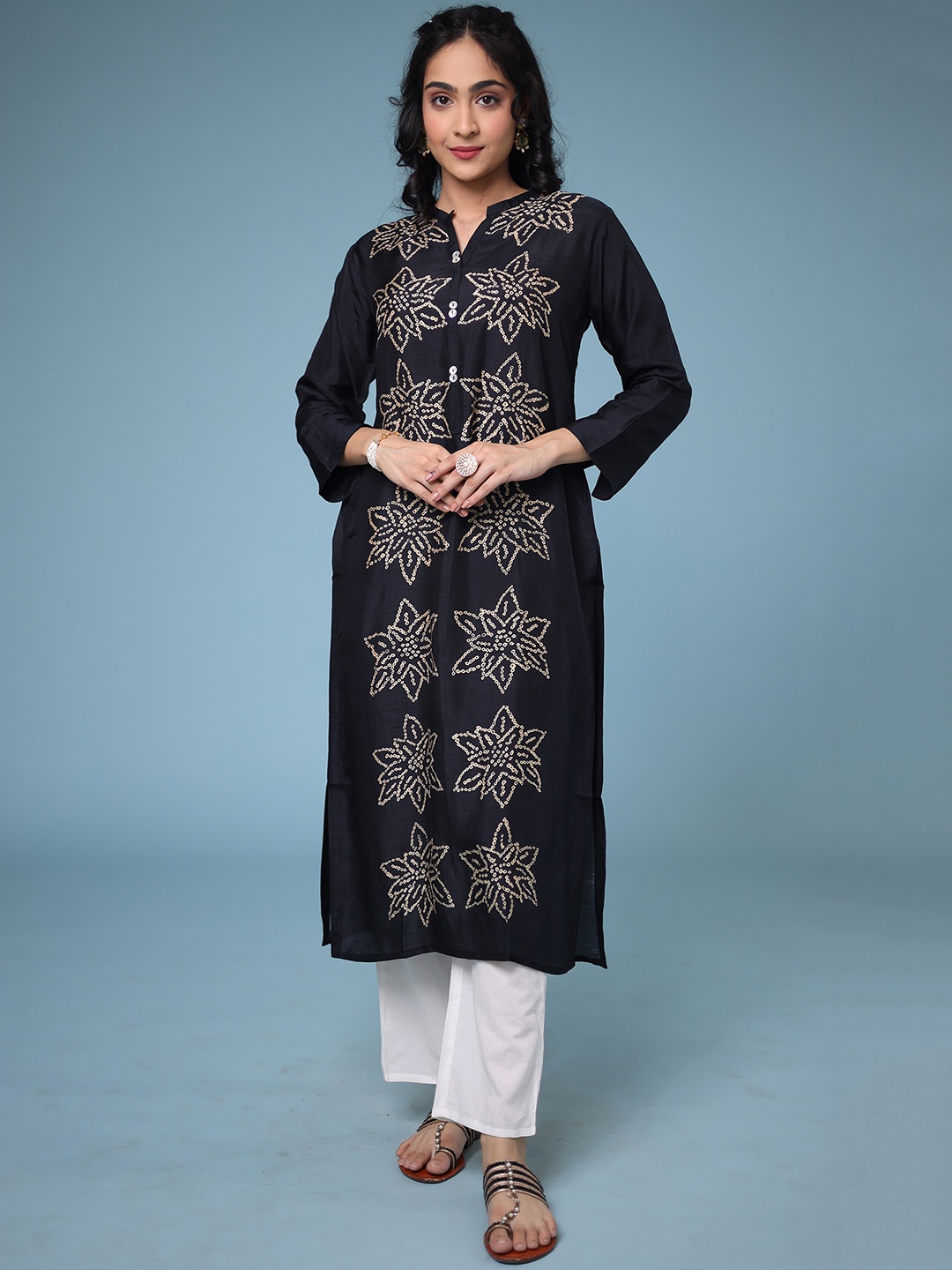 ZARI Bandhani Printed Mandarin Collar Calf Length Cotton Silk Straight Kurta, Black
ZARI Bandhani Printed Mandarin Collar Calf Length Cotton Silk Straight Kurta, Black