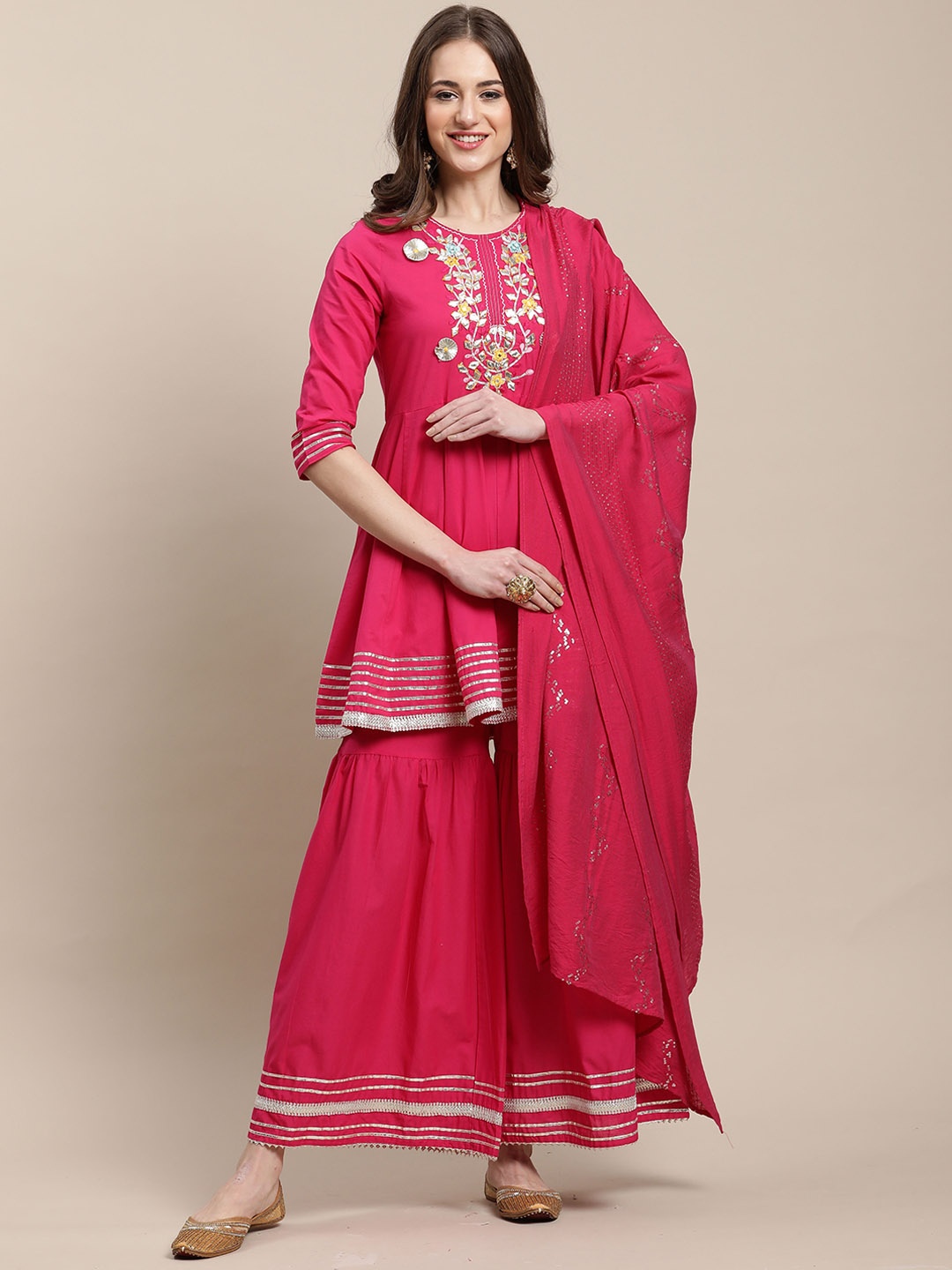 Roly Poly Ethnic Motifs Embroidered Gotta Patti Pure Cotton Kurti With Sharara & Dupatta, Magenta
Roly Poly Ethnic Motifs Embroidered Gotta Patti Pure Cotton Kurti With Sharara & Dupatta, Magenta