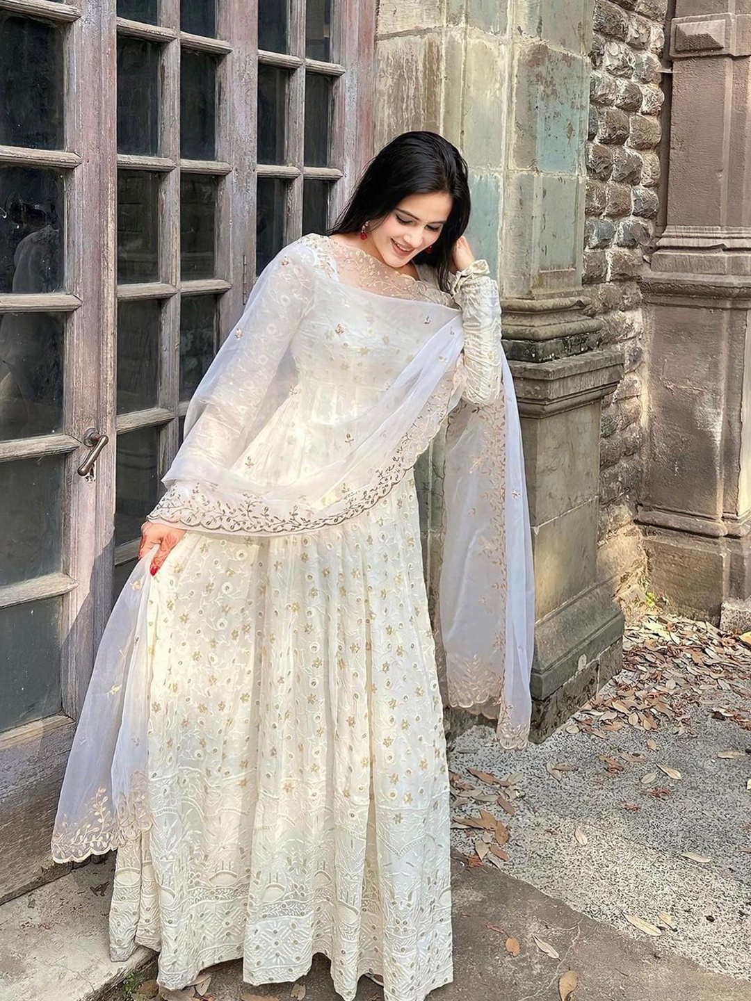 KALINI Floral Embroidered Georgette Fit & Flare Maxi Ethnic Dress With Dupatta, White
KALINI Floral Embroidered Georgette Fit & Flare Maxi Ethnic Dress With Dupatta, White