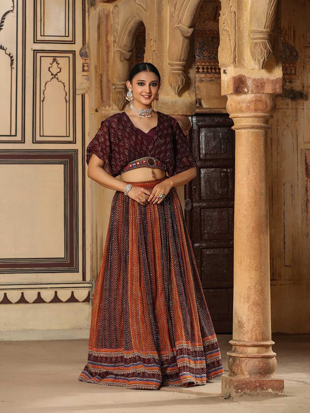 SCAKHI Magenta & Multicoloured Embellished Sequinned Ready to Wear Lehenga &, Brown