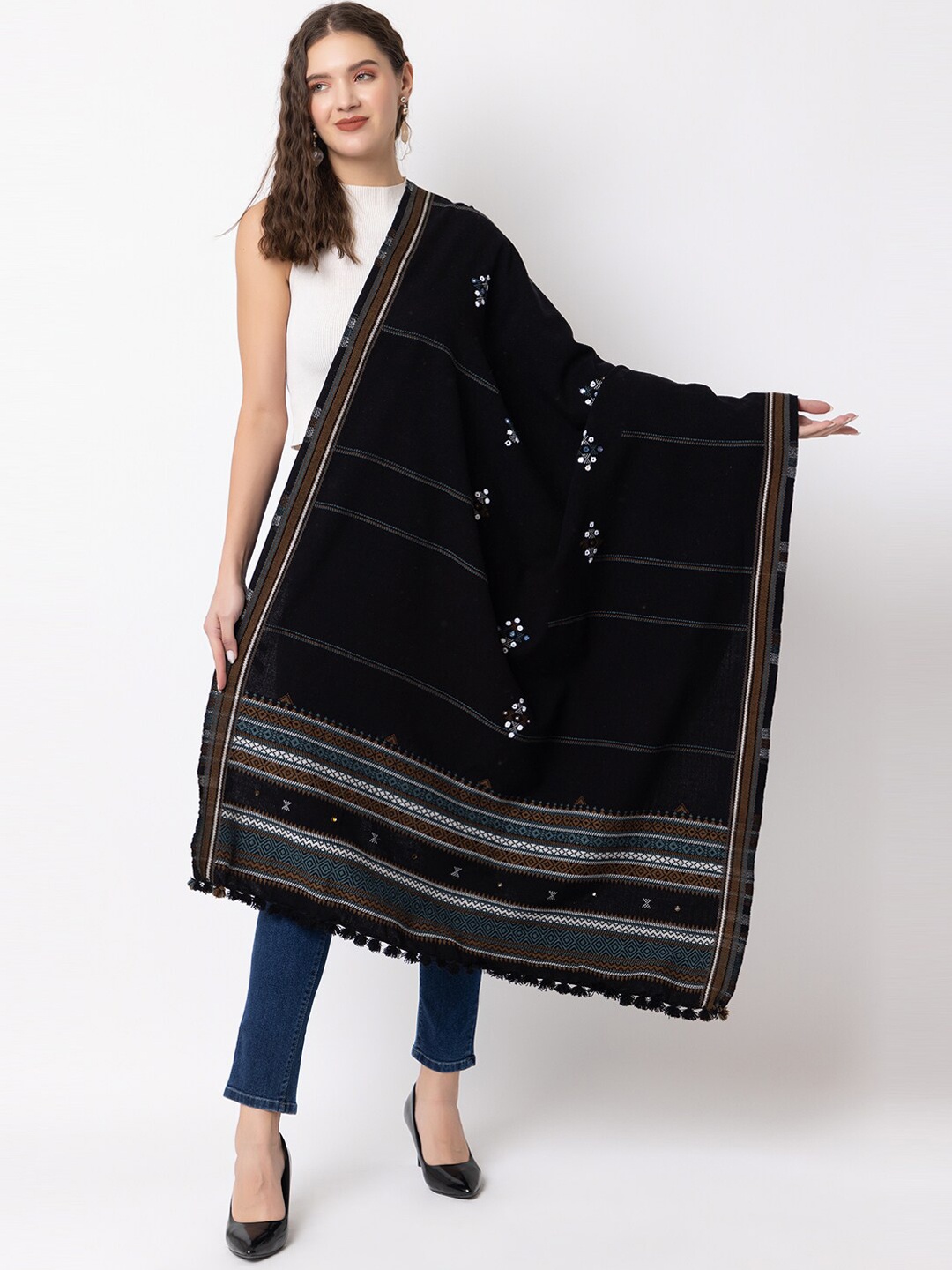 CASMIR Ethnic Motifs Embroidered Mirror Work Shawl, Black