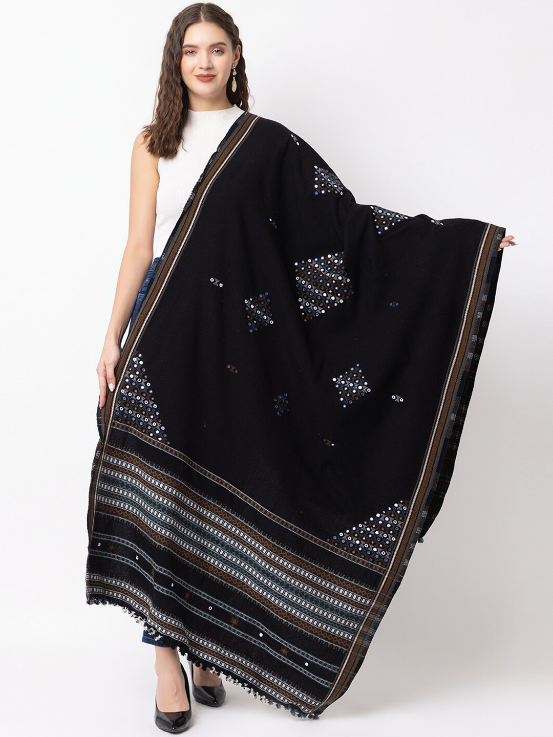 CASMIR Ethnic Motifs Embroidered Mirror Work Shawl, Black