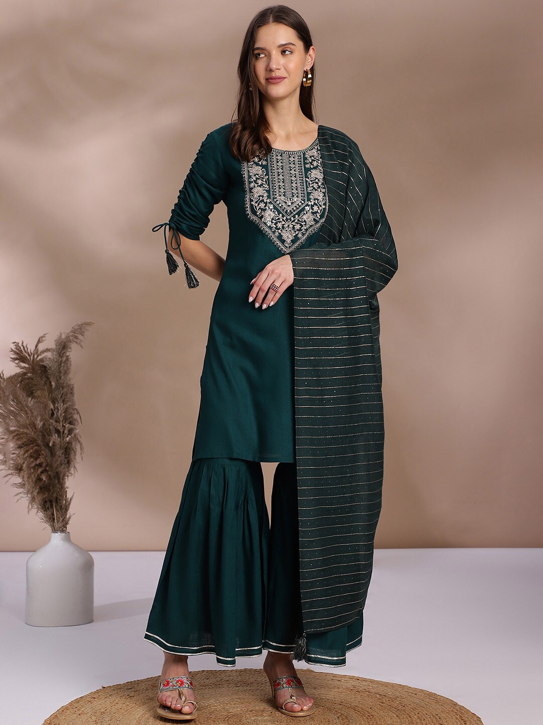 KALINI Ethnic Motifs Yoke Design Regular Thread Work Kurta With Sharara & Dupatta, Green
KALINI Ethnic Motifs Yoke Design Regular Thread Work Kurta With Sharara & Dupatta, Green