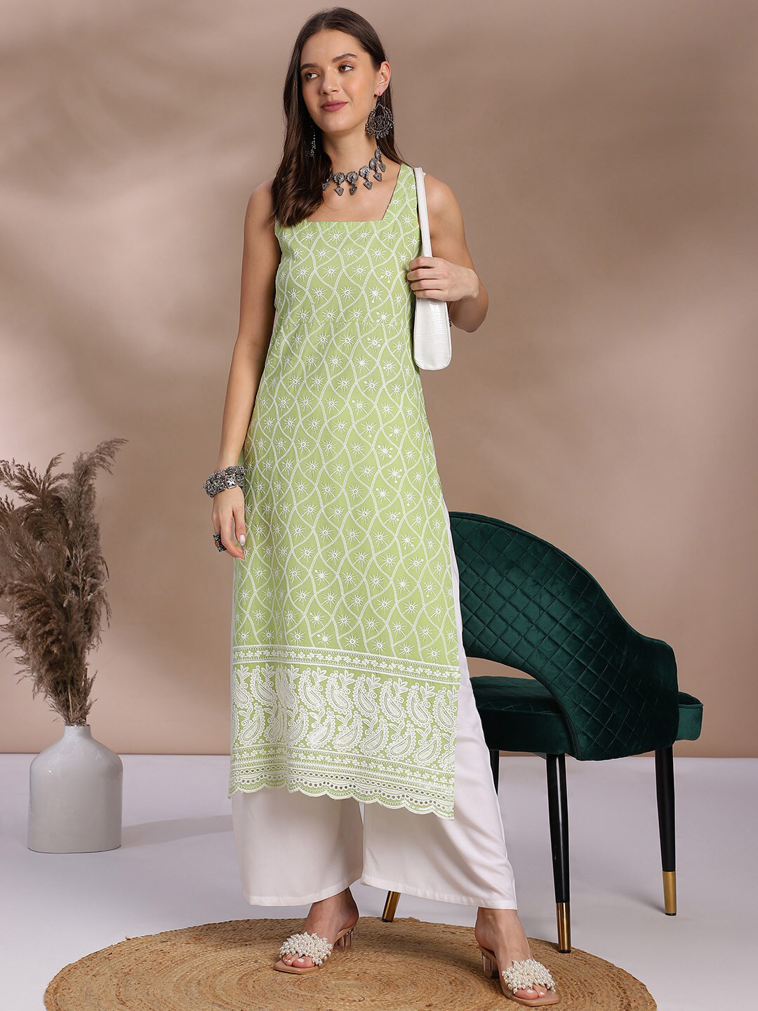 KALINI Ethnic Motifs Embroidered Square Neck Chikankari Cotton Straight Kurta, Green
KALINI Ethnic Motifs Embroidered Square Neck Chikankari Cotton Straight Kurta, Green
